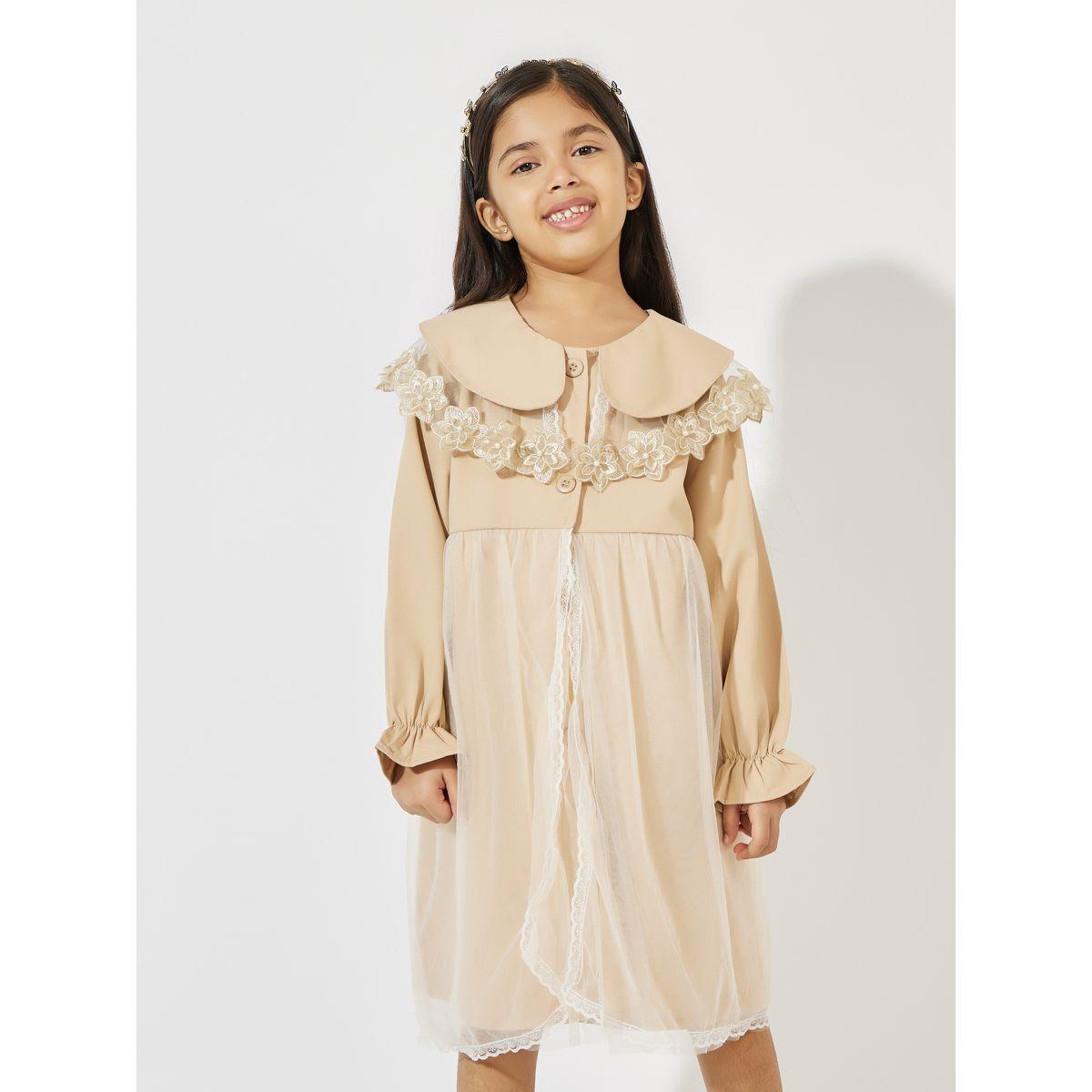 Styli Flower Lace Detail Front Mesh Knee Length Dress-girls-clothing-dressesandjumpsuits-image-2