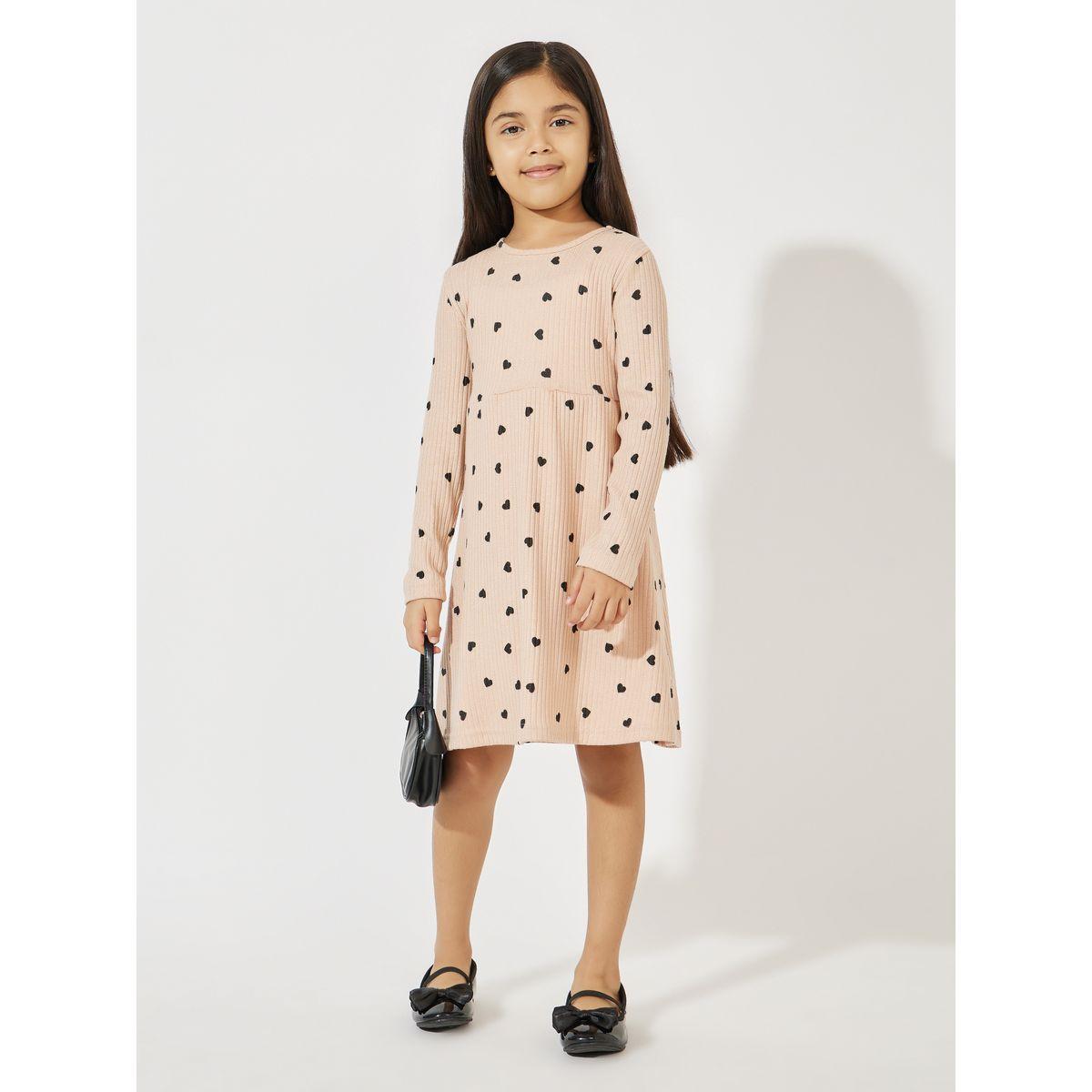 Styli Heart Printed Rib Knit Casual Knee Length Dress-girls-clothing-dressesandjumpsuits-image-1