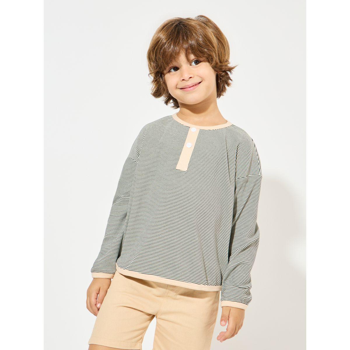 Styli Striped Contrast Trim Button Front T-Shirt-boys-clothing-tshirtsandpolos-image-1