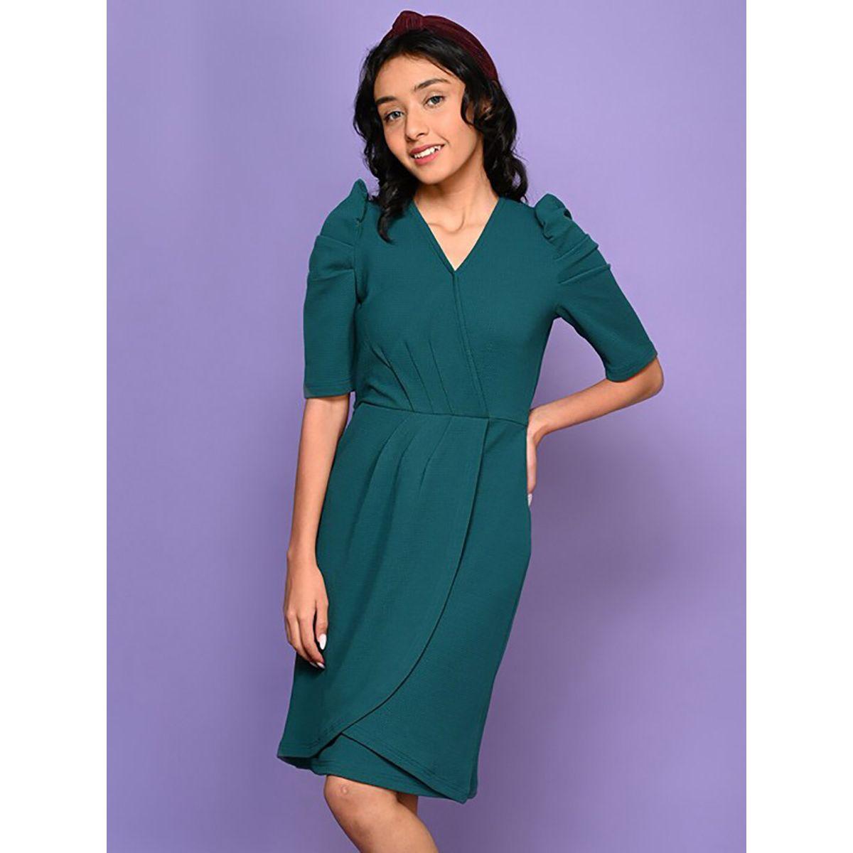 LilPicks X Styli  Solid Puff Sleeves Mock Wrap Dress-girls-clothing-dressesandjumpsuits-image-4