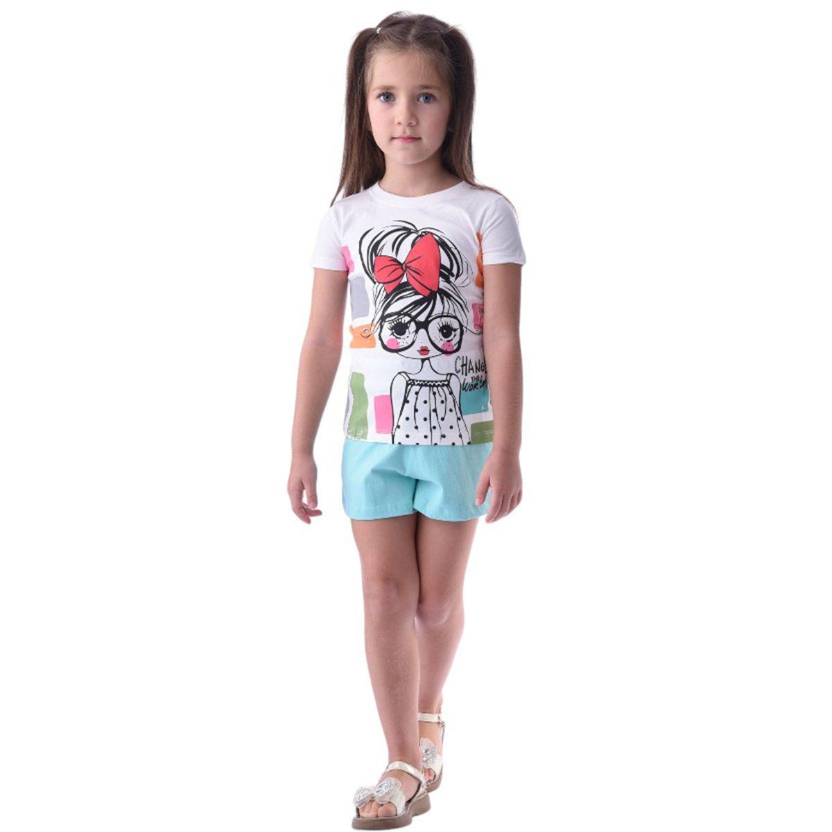 مجموعة من شورت مع تيشيرت بطبعة جرافيك فيكتور آند جين × ستايلي-girls-clothing-setsandcoords-image-1