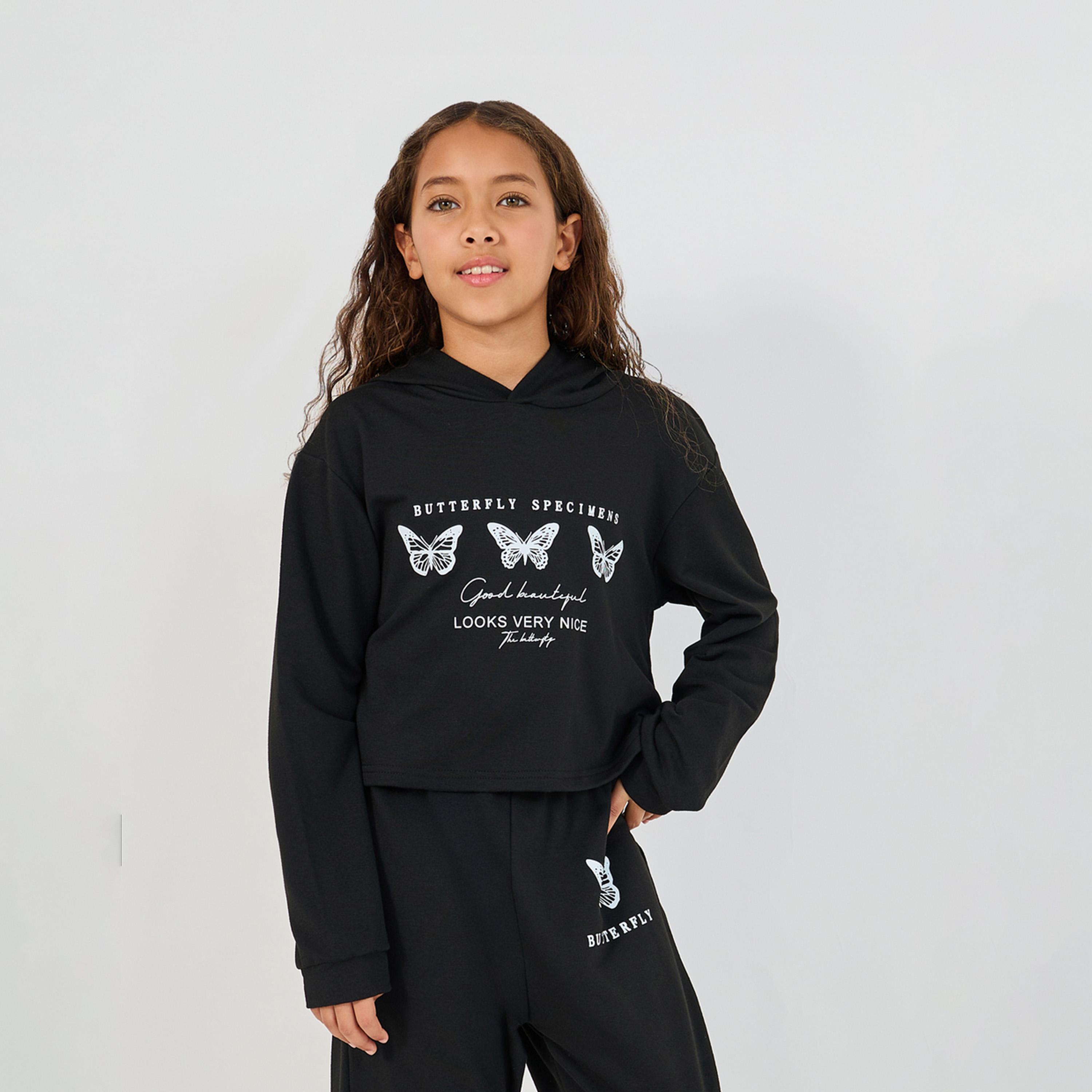 ستايلي - طقم هودي قصير وبنطال رياضي مطبوع عليه فراشة للبنات-girls-clothing-setsandcoords-image-2