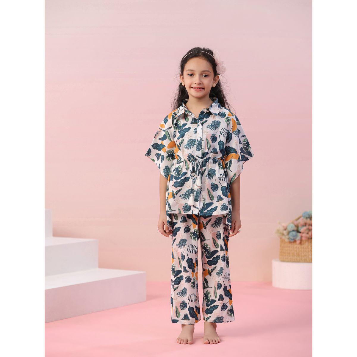 Sanskrutihomes X Styli  Leaf Print Collared Kaftan & Pyjama Set-girls-clothing-nightwear-image-1