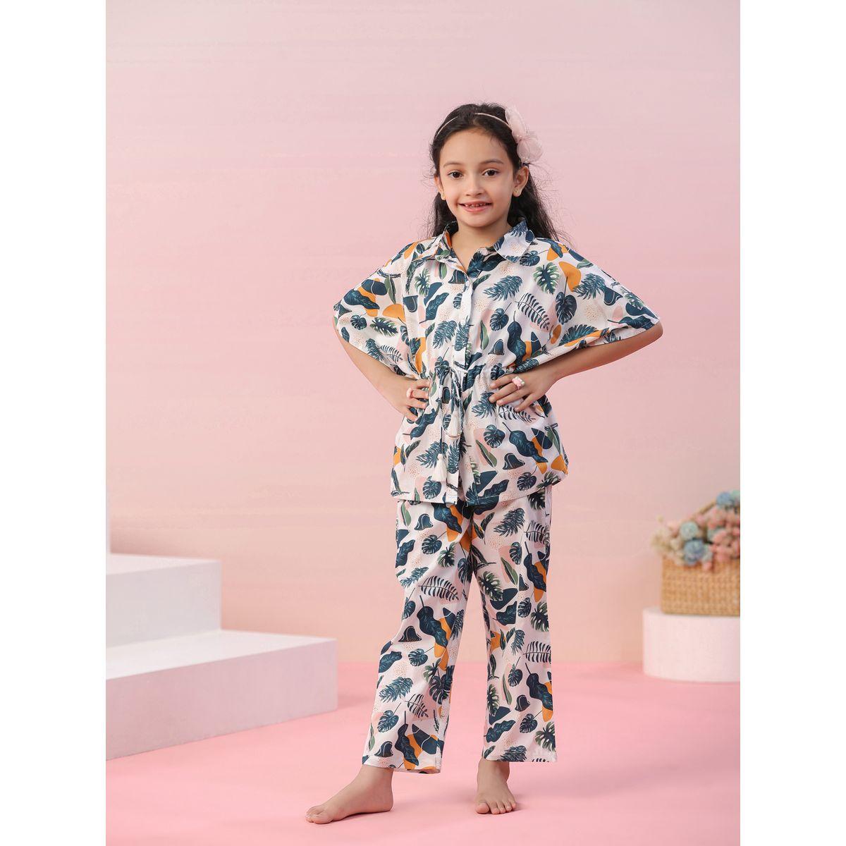 Sanskrutihomes X Styli  Leaf Print Collared Kaftan & Pyjama Set-girls-clothing-nightwear-image-2