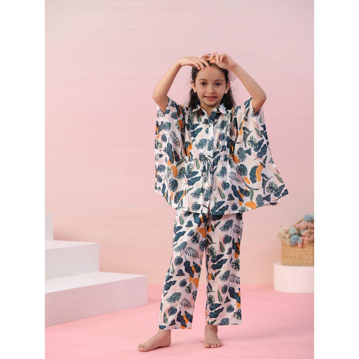 Sanskrutihomes X Styli  Leaf Print Collared Kaftan & Pyjama Set-girls-clothing-nightwear-image-3