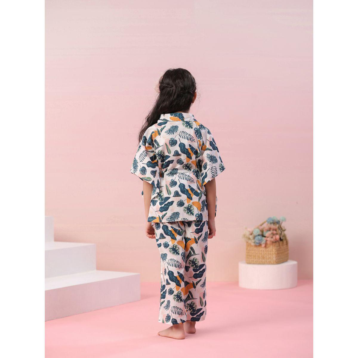 Sanskrutihomes X Styli  Leaf Print Collared Kaftan & Pyjama Set-girls-clothing-nightwear-image-5