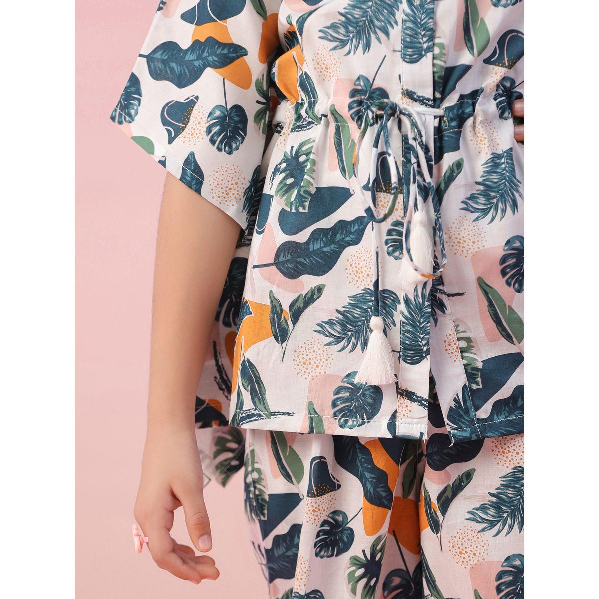 Sanskrutihomes X Styli  Leaf Print Collared Kaftan & Pyjama Set-girls-clothing-nightwear-image-7