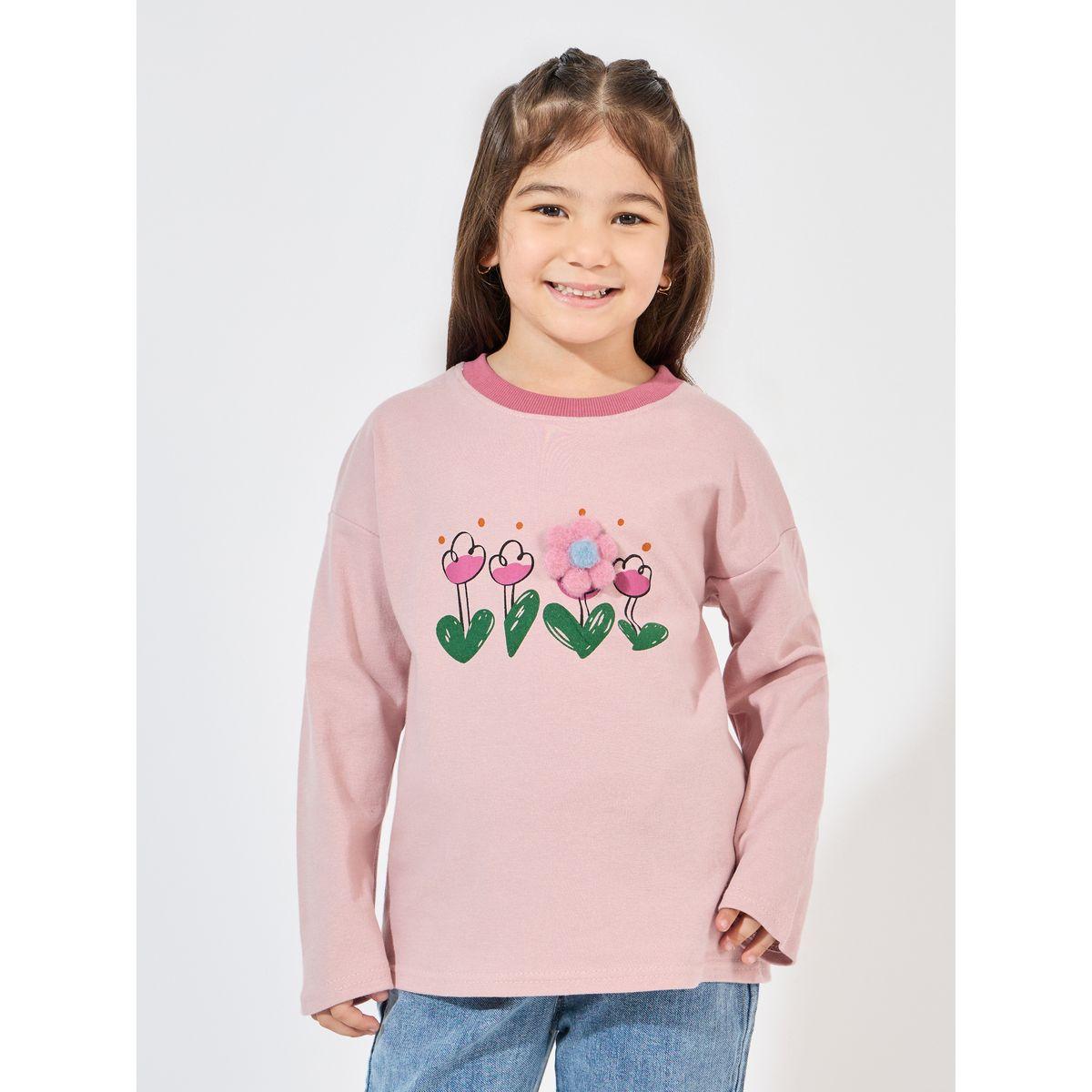 Styli Flower Applique Print Long Sleeve T-Shirt-girls-clothing-tshirts-image-1