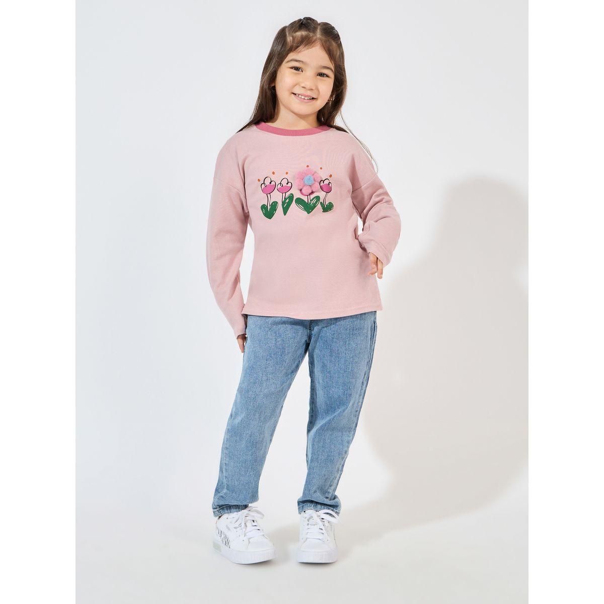 Styli Flower Applique Print Long Sleeve T-Shirt-girls-clothing-tshirts-image-2
