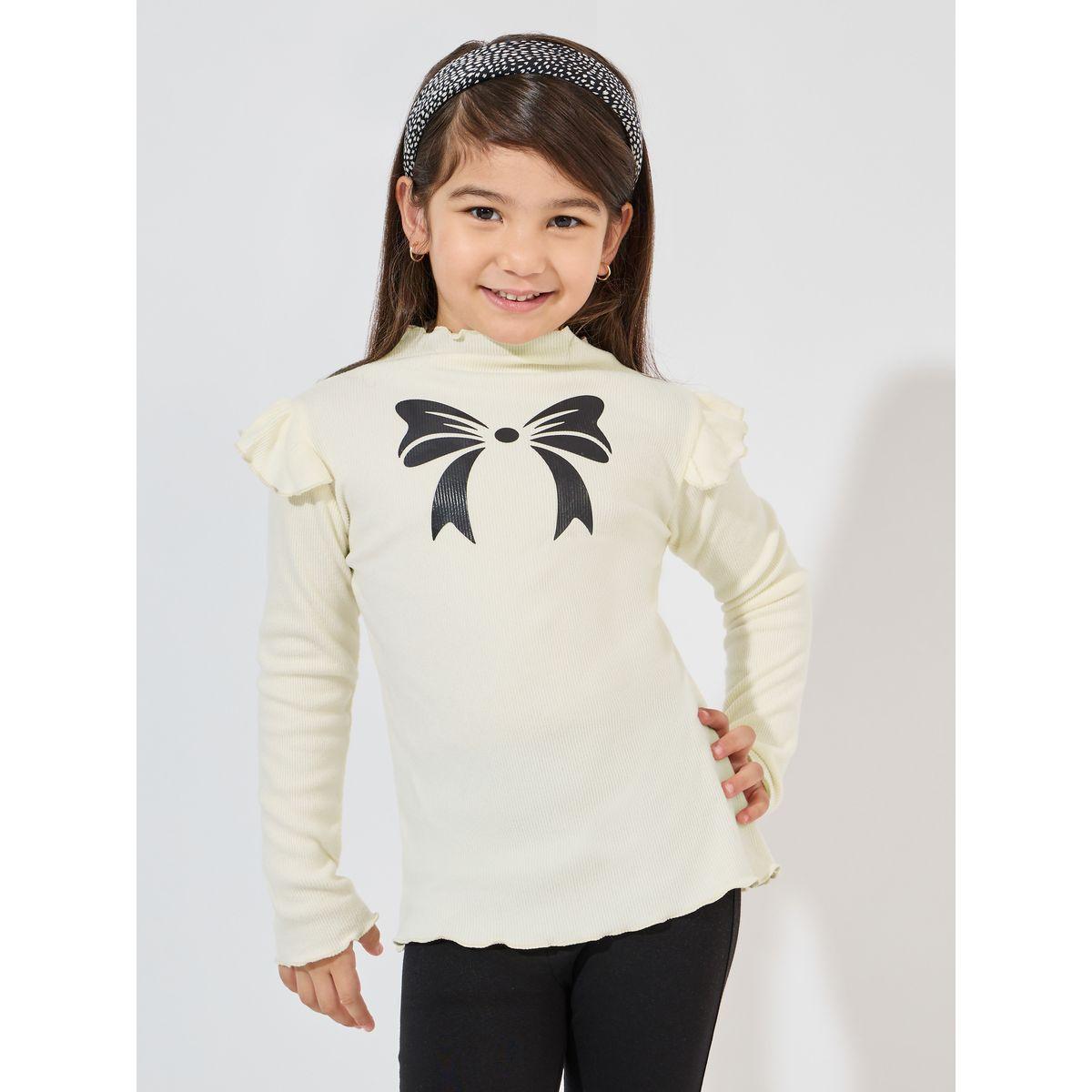 Styli Ribbed Knit Bow Printed Ruffle Trim Top-girls-clothing-blousesandshirts-image-1