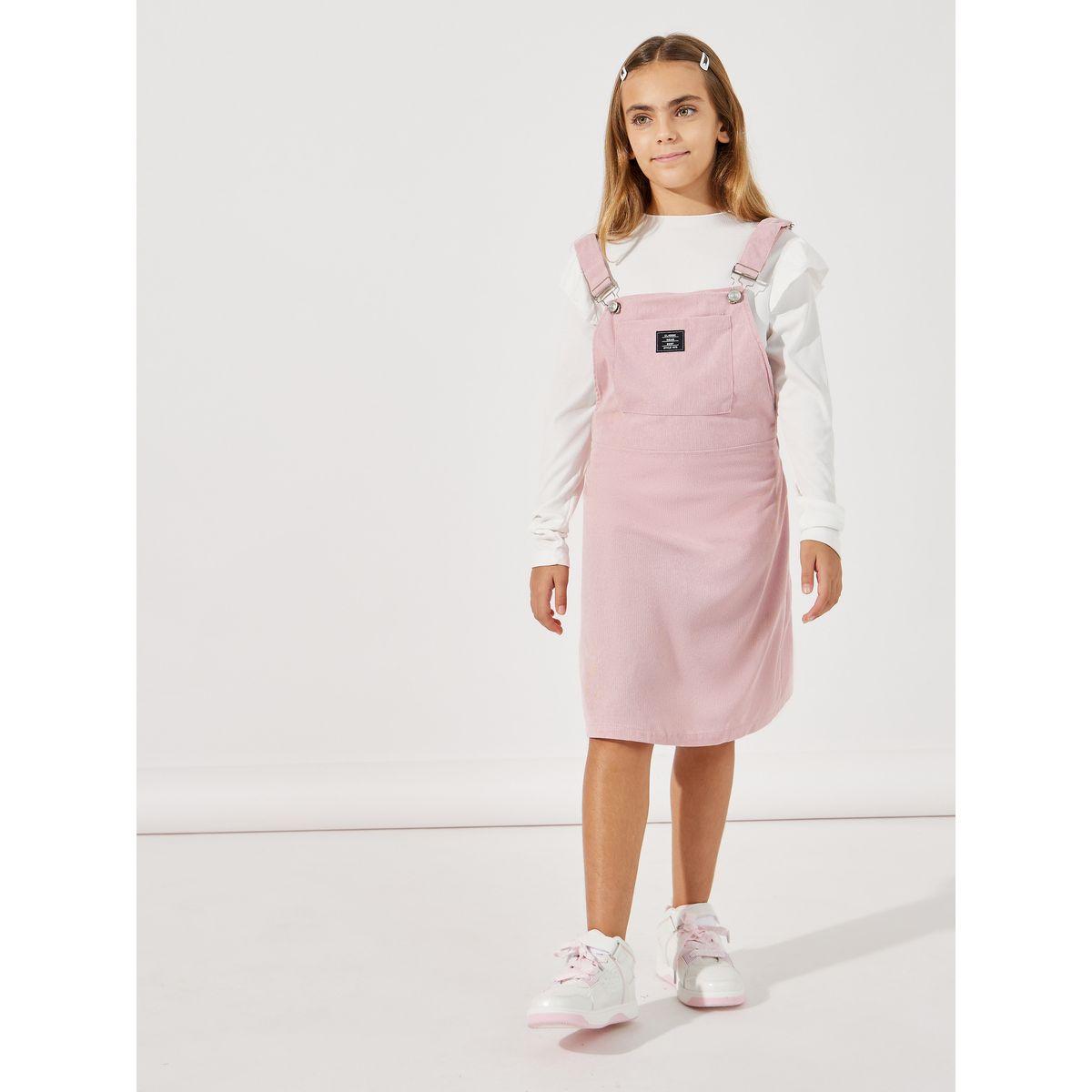 Styli Patch Detail Corduroy Pinafore Dress & Rib Knit T-Shirt Set-girls-clothing-setsandcoords-image-1