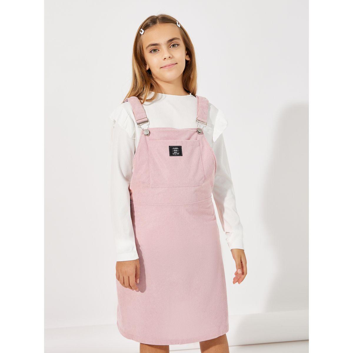 Styli Patch Detail Corduroy Pinafore Dress & Rib Knit T-Shirt Set-girls-clothing-setsandcoords-image-2
