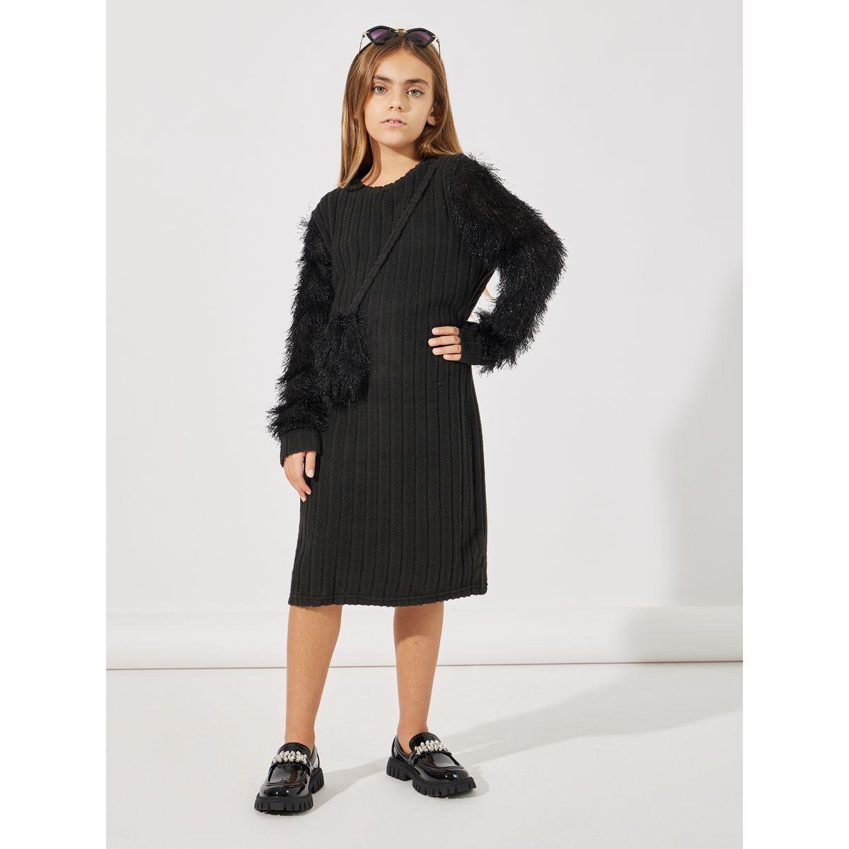 Styli Rib Knit Fuzzy Sleeve Dress with Sling Bag-girls-clothing-dressesandjumpsuits-image-1