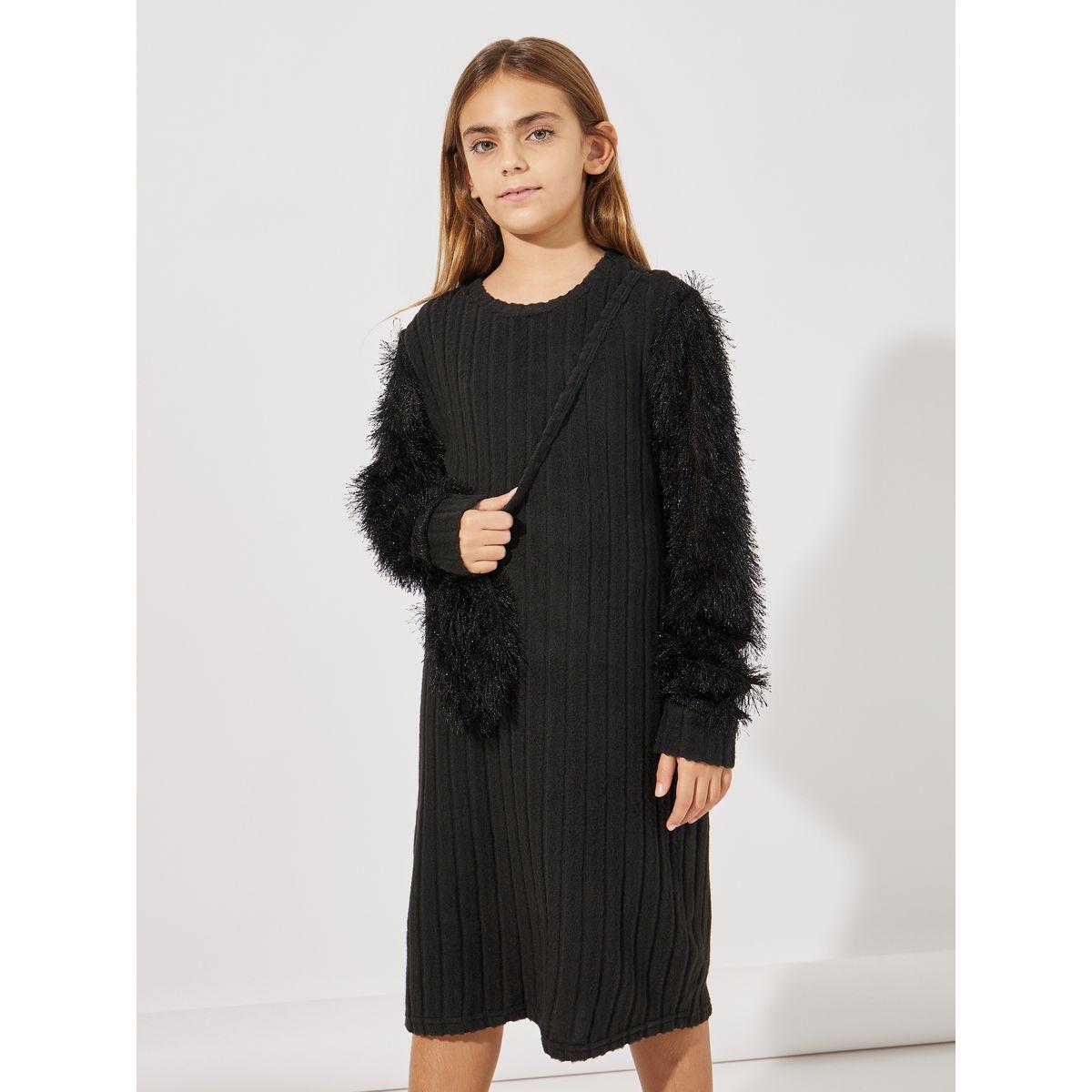 Styli Rib Knit Fuzzy Sleeve Dress with Sling Bag-girls-clothing-dressesandjumpsuits-image-2