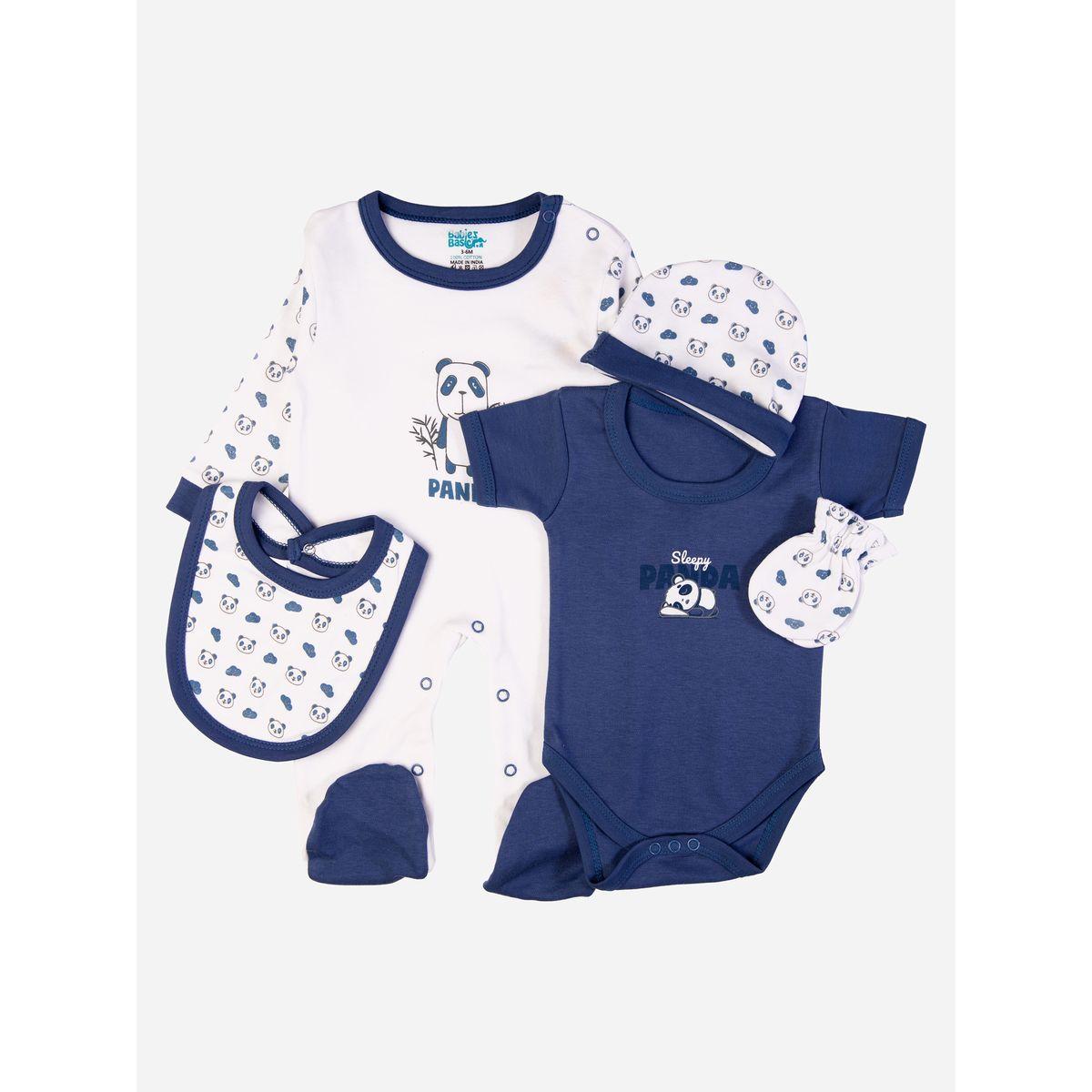Babies Basic X Styli  Pack of 5 - Panda Print Bib, Bodysuit, Mittens, Cap & Sleepsuit-boys-clothing-setsandcoords-image-1
