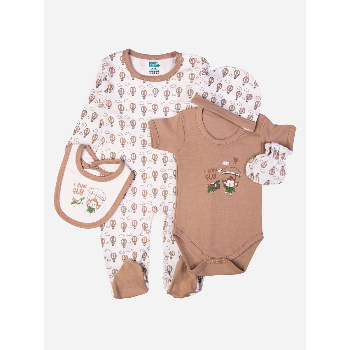 Babies Basic X Styli  Pack of 5 - Printed Bib, Bodysuit, Mittens, Cap & Sleepsuit-boys-clothing-setsandcoords-image-1