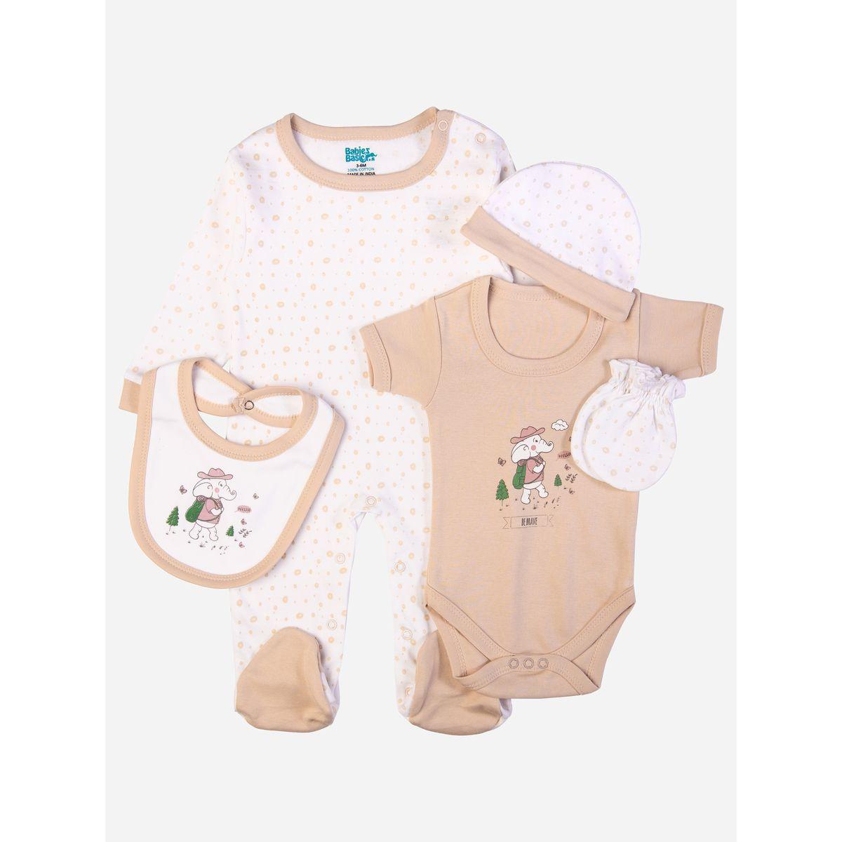 Babies Basic X Styli  Pack of 5 - Printed Bib, Bodysuit, Mittens, Cap & Sleepsuit-boys-clothing-setsandcoords-image-1