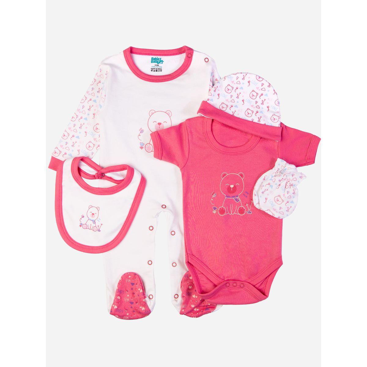 بدلة نوم بطبعة دب - 5 قطع بيبيز بيسِك × ستايلي-baby-girls-clothing-bodysuits-image-1