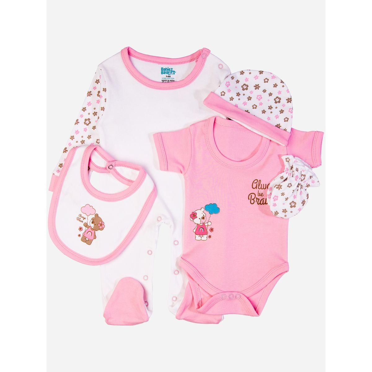 Babies Basic X Styli  Pack of 5 - Bear Print Bib, Bodysuit, Mittens, Cap & Sleepsuit-baby-girls-clothing-bodysuits-image-1