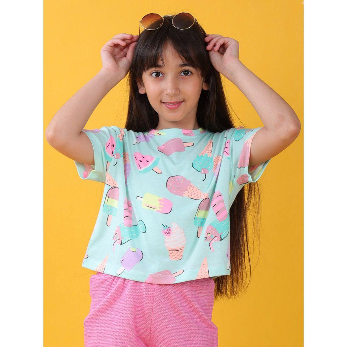 تيشيرت بطبعة ايس كريم مع ياقة دائرية أنثريلو × ستايلي-girls-clothing-tshirts-image-1