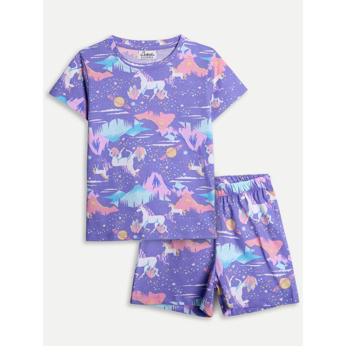 مجموعة من شورت مع تيشيرت بطبعة وحيد القرن أنثريلو × ستايلي-girls-clothing-nightwear-image-4