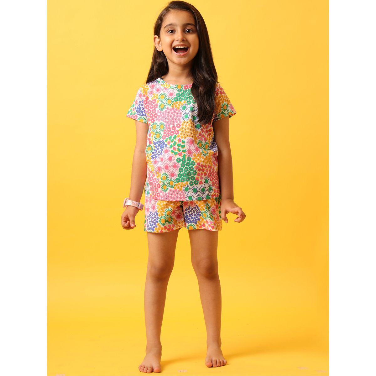 Anthrilo X Styli  Flower Print T-Shirt & Shorts Set-girls-clothing-nightwear-image-1