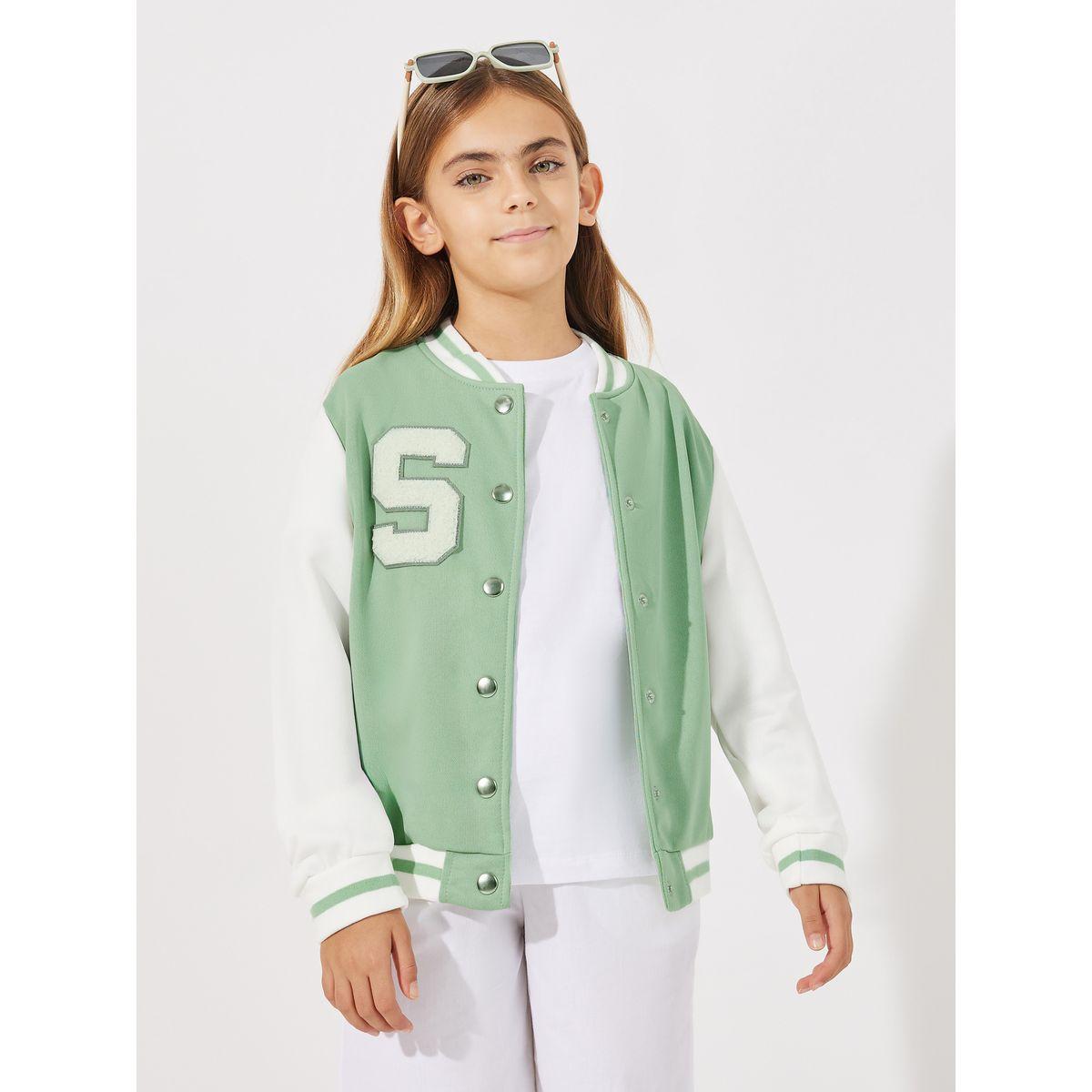 Styli Letter Patch Contrast Sleeve Varsity Jacket-girls-clothing-jacketsandcoats-image-1