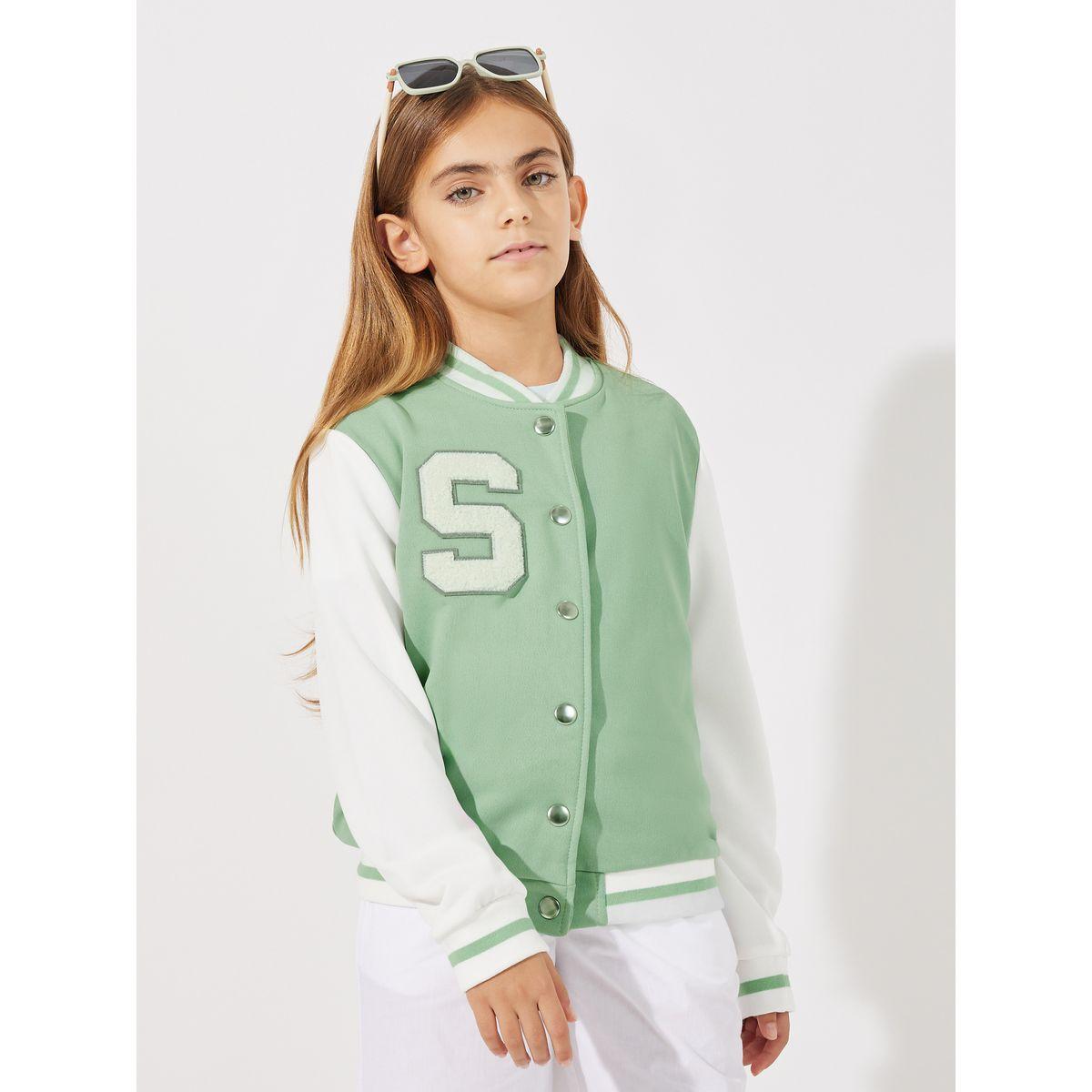 Styli Letter Patch Contrast Sleeve Varsity Jacket-girls-clothing-jacketsandcoats-image-3
