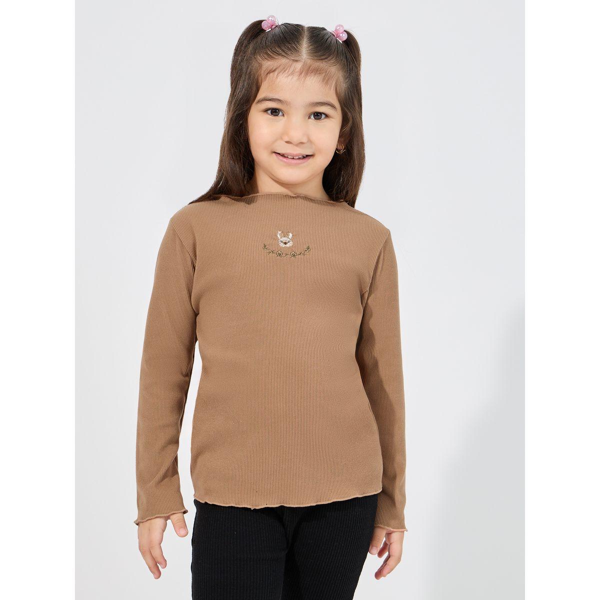 Styli Rabbit Embroidery Mock Neck Rib T-Shirt-girls-clothing-tshirts-image-1