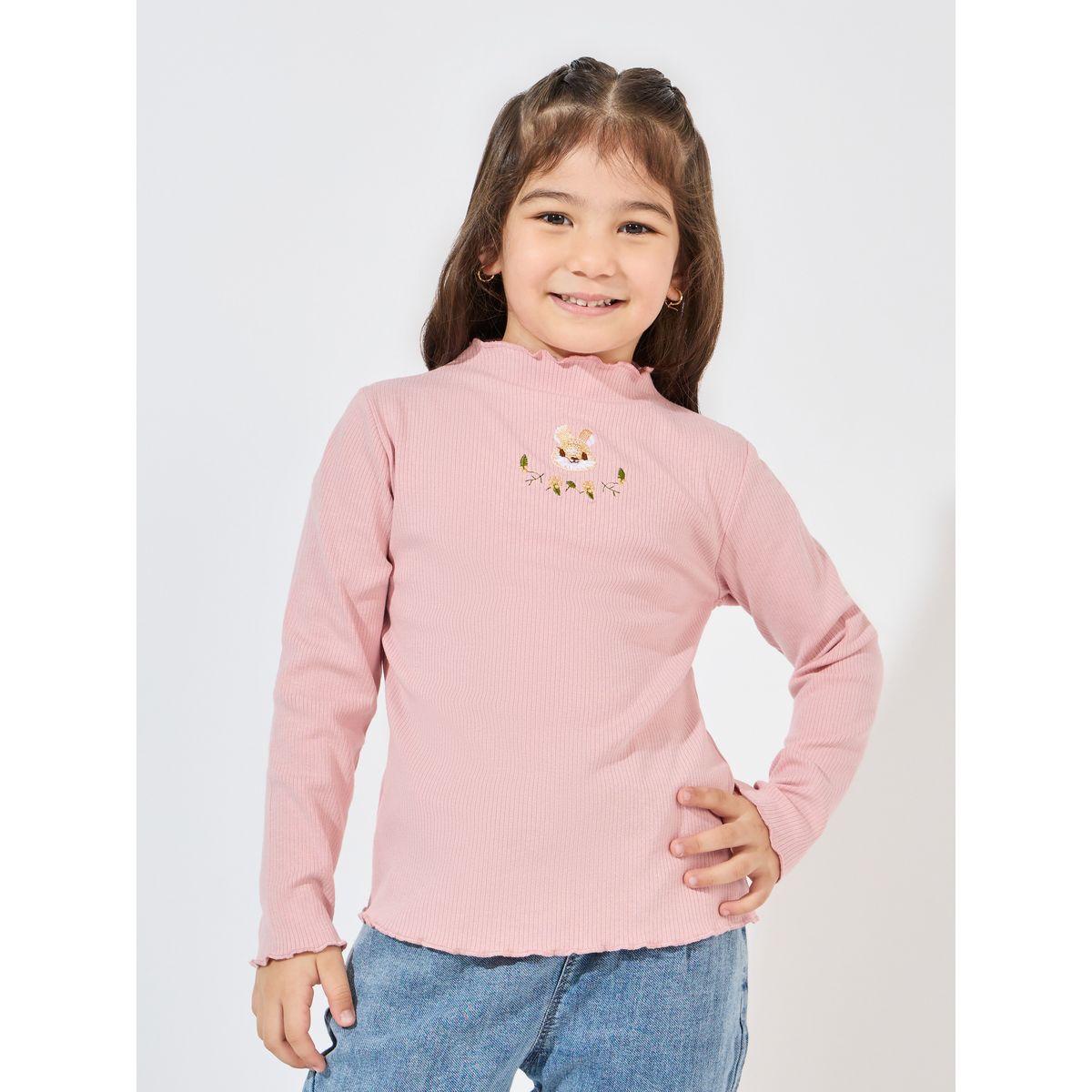 Styli Ribbed Knit Rabbit Embroidered Ruffle Trim Mock Neck T-Shirt-girls-clothing-tshirts-image-1