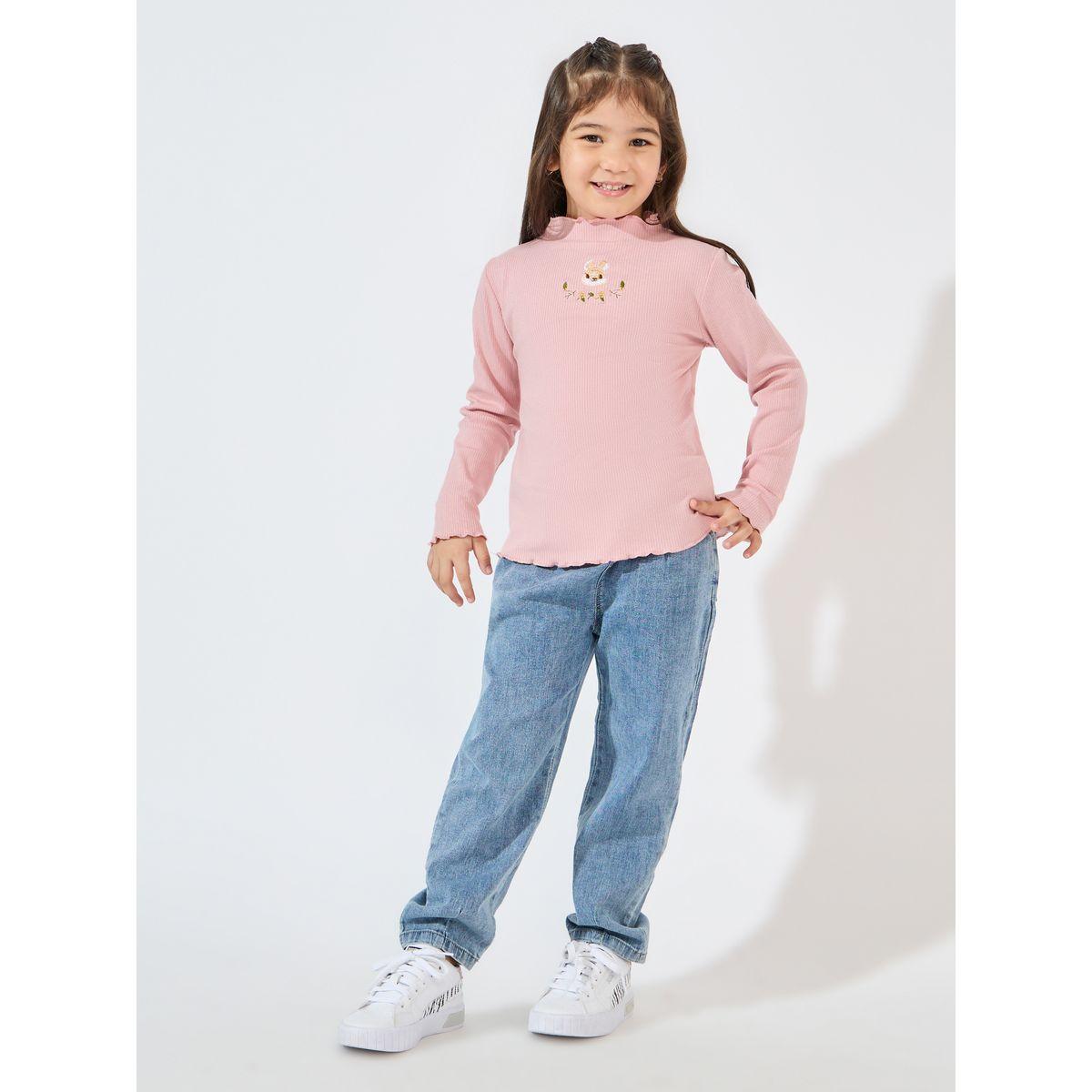 Styli Ribbed Knit Rabbit Embroidered Ruffle Trim Mock Neck T-Shirt-girls-clothing-tshirts-image-2