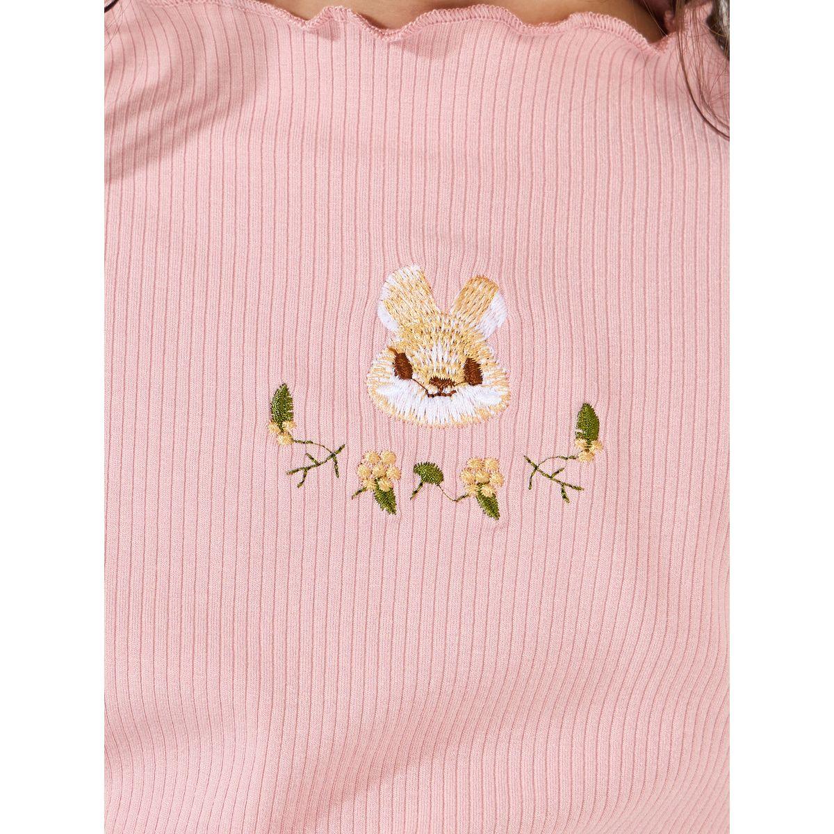 Styli Ribbed Knit Rabbit Embroidered Ruffle Trim Mock Neck T-Shirt-girls-clothing-tshirts-image-3