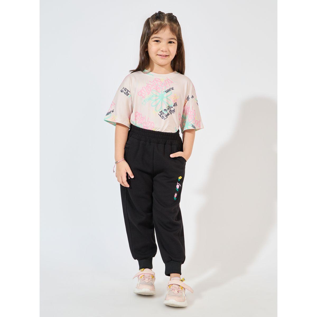 Styli Floral Embroidery Ruffle Trim Slant Pocket Jogger-girls-clothing-bottoms-joggersandtrackpants-image-2