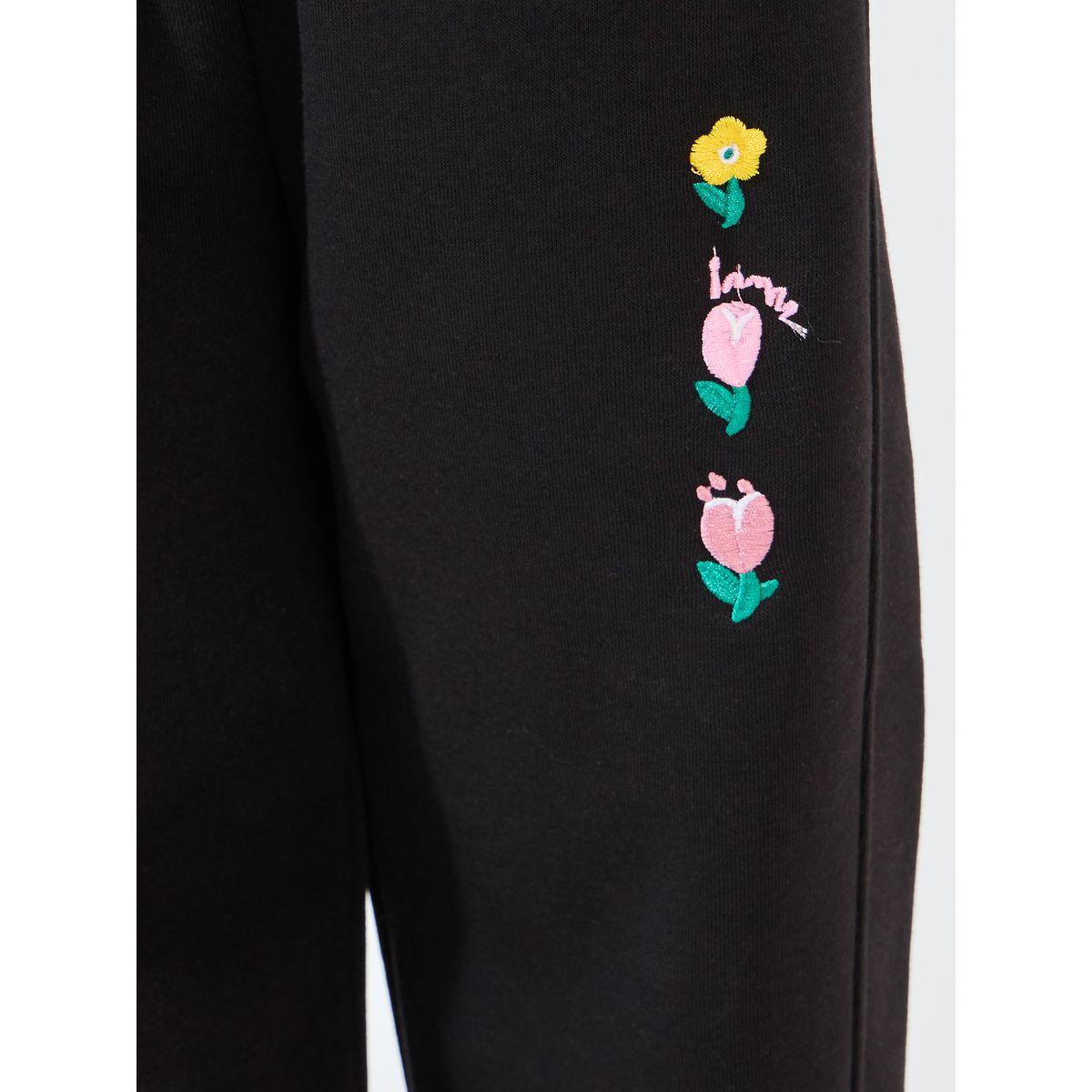 Styli Floral Embroidery Ruffle Trim Slant Pocket Jogger-girls-clothing-bottoms-joggersandtrackpants-image-3