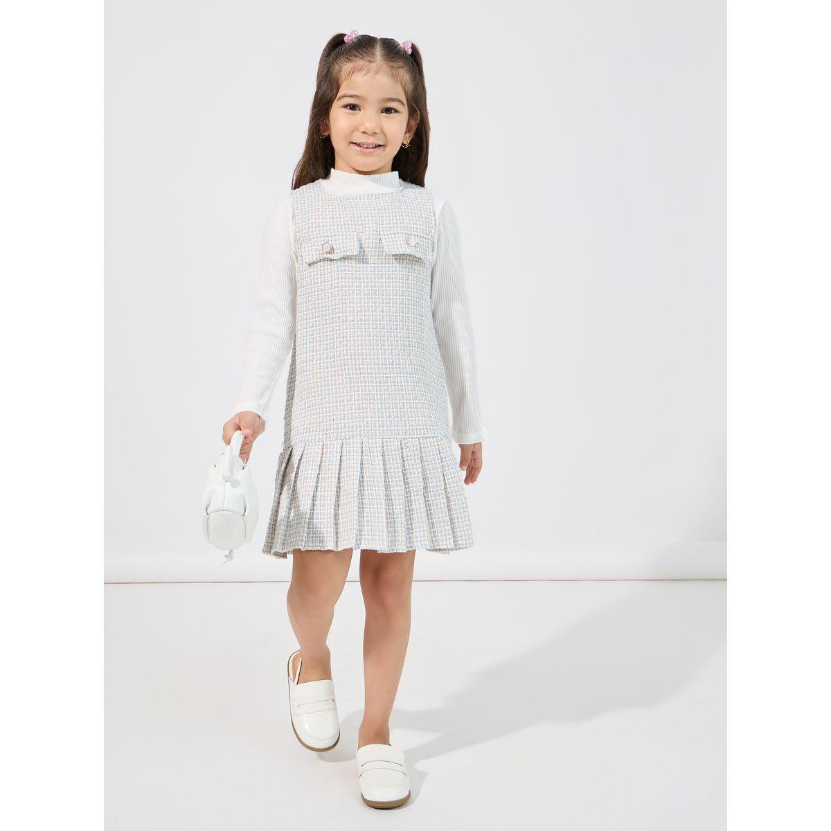 Styli Rib Knit Top & Pleated Hem Tweed Sleeveless Dress Set-girls-clothing-setsandcoords-image-1
