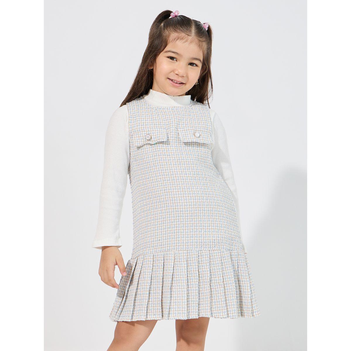 Styli Rib Knit Top & Pleated Hem Tweed Sleeveless Dress Set-girls-clothing-setsandcoords-image-2