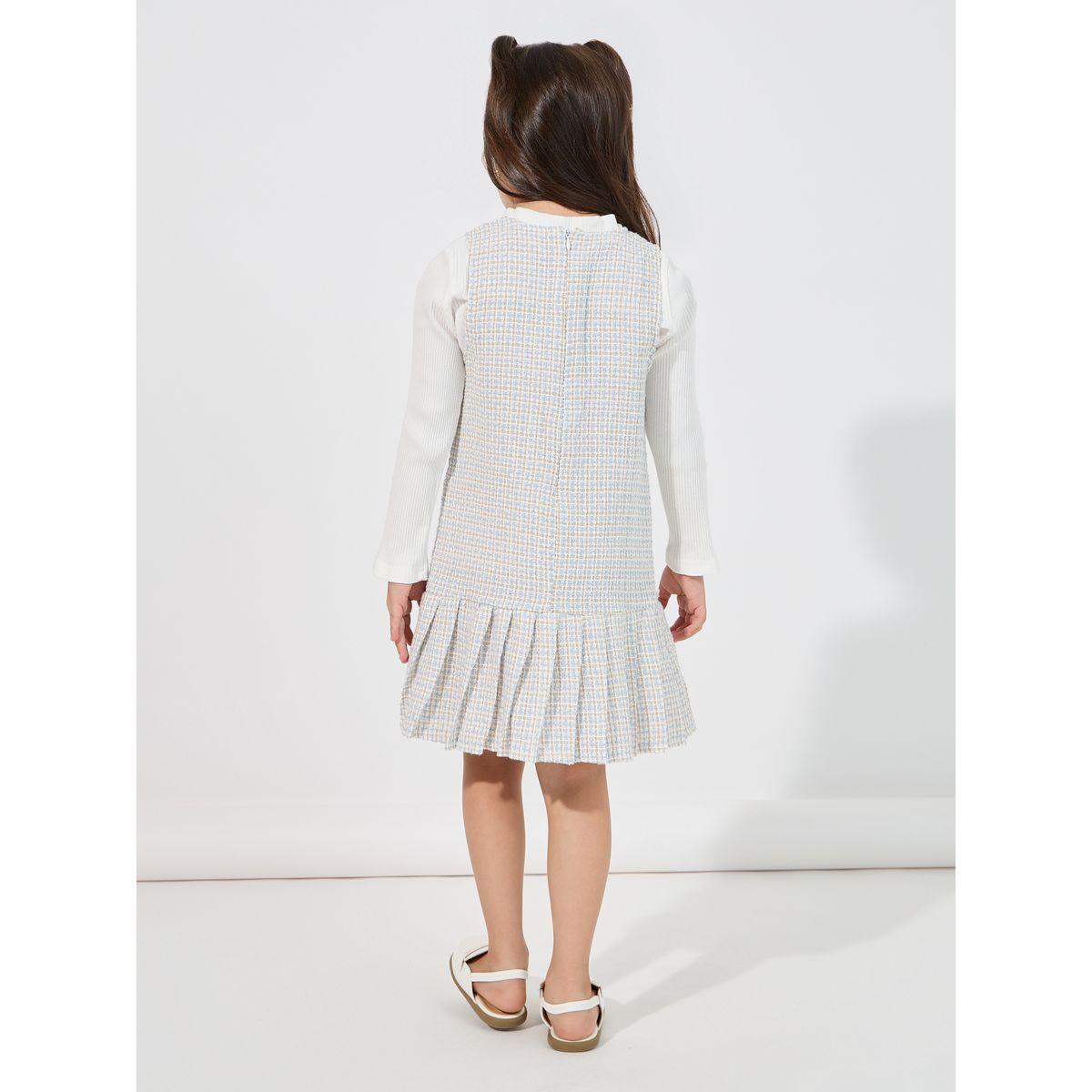 Styli Rib Knit Top & Pleated Hem Tweed Sleeveless Dress Set-girls-clothing-setsandcoords-image-5