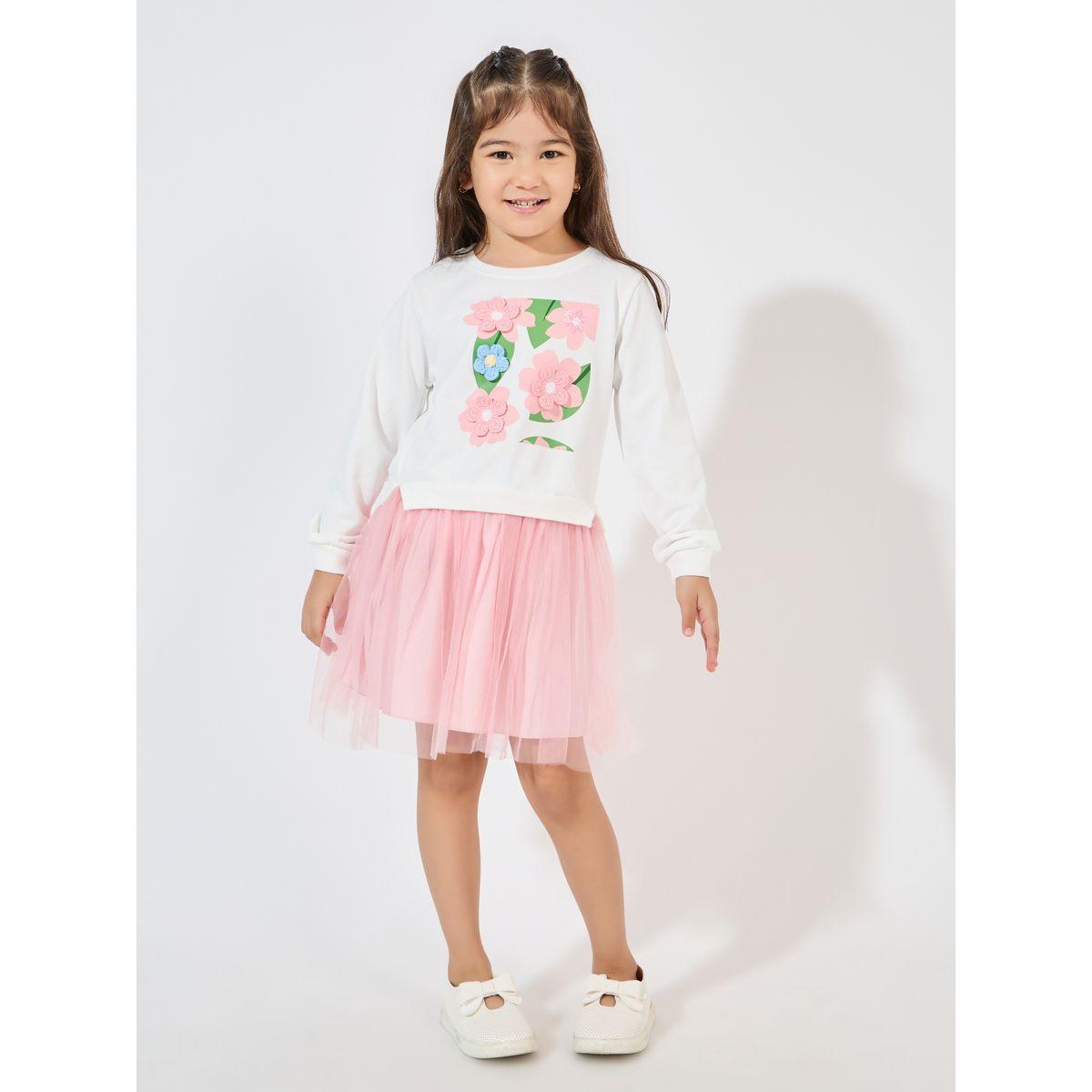 Styli Crochet Applique Flower Sweatshirt With Mesh Hem Dress-girls-clothing-dressesandjumpsuits-image-1