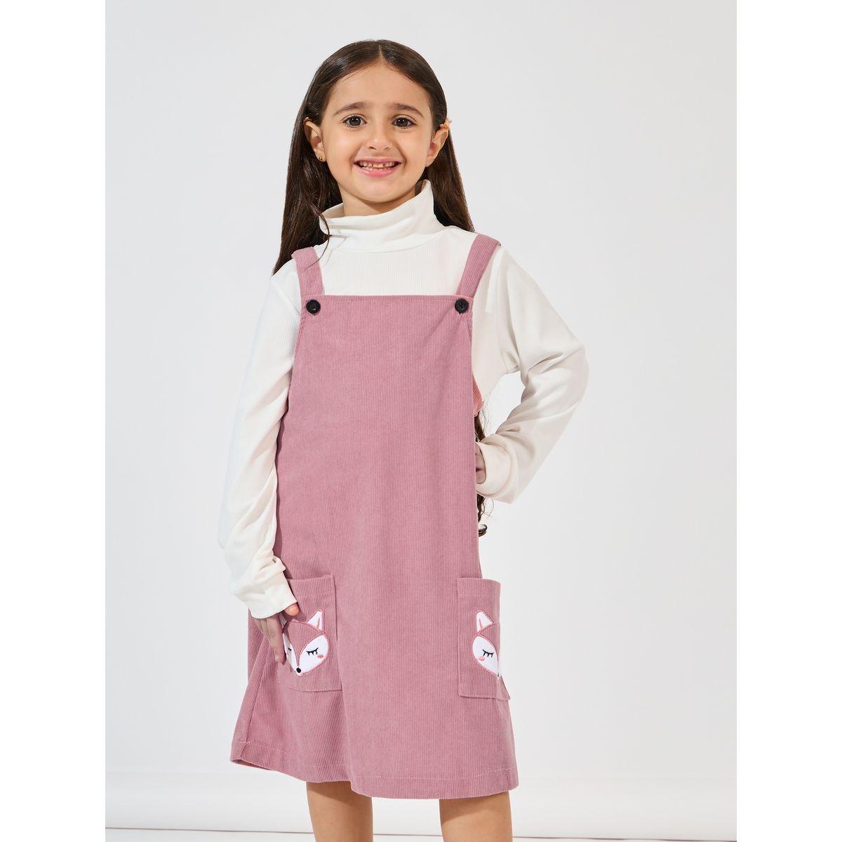 Styli Rib Turtle Neck Top & Fox Embroidery Corduroy Pinafore Set-girls-clothing-setsandcoords-image-2