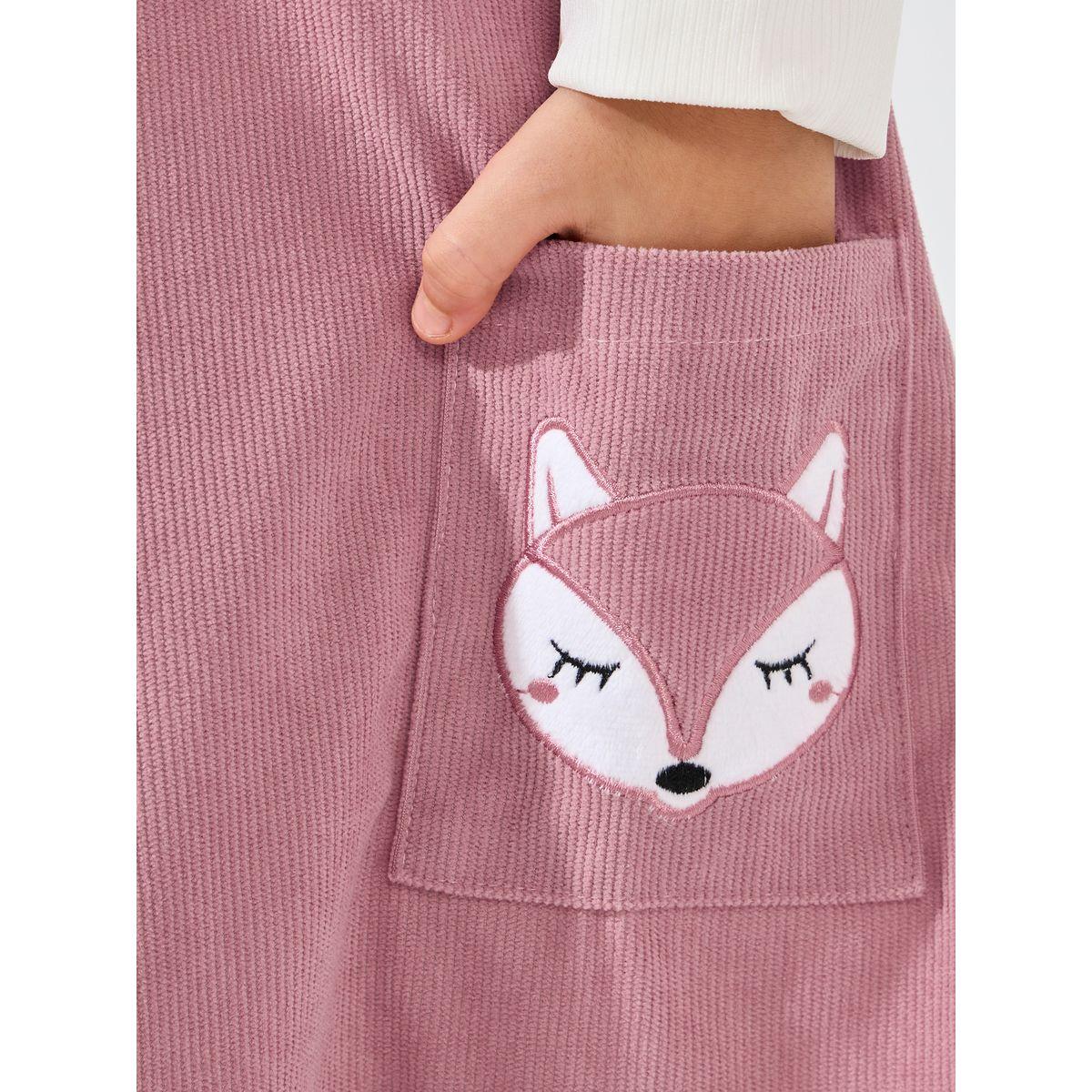 Styli Rib Turtle Neck Top & Fox Embroidery Corduroy Pinafore Set-girls-clothing-setsandcoords-image-4