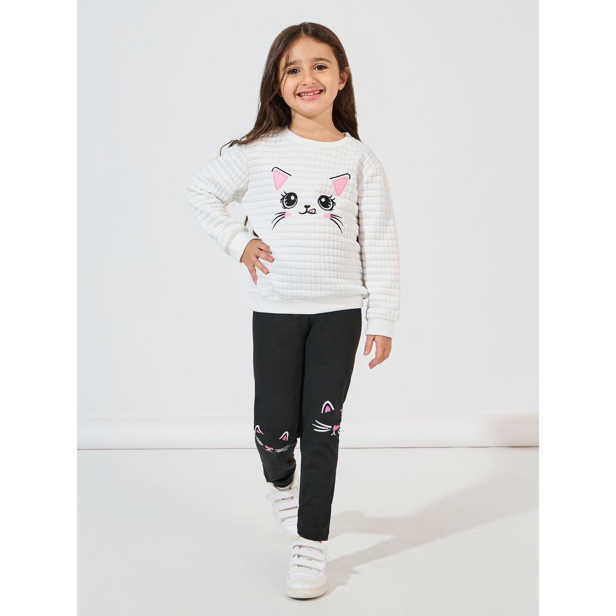 مجموعة من ليقنز مطبع مع سويت شيرت مُطرّز بقطة-girls-clothing-setsandcoords-image-1
