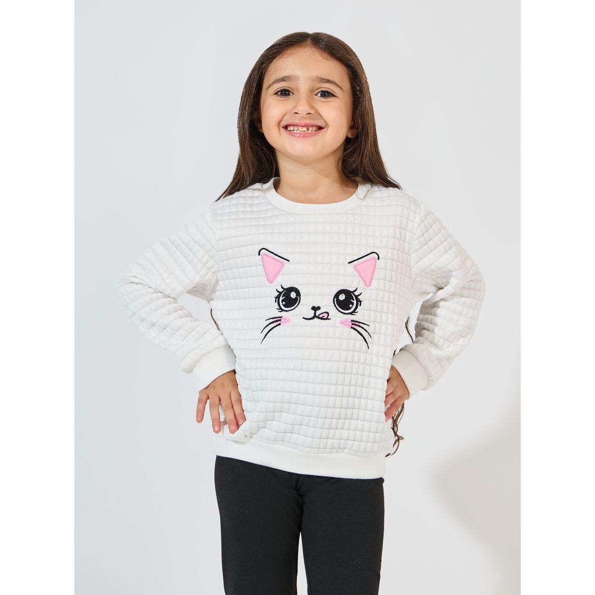 Styli Cat Embroidered Honeycomb Knit Sweatshirt & Printed Leggings Set-girls-clothing-setsandcoords-image-2