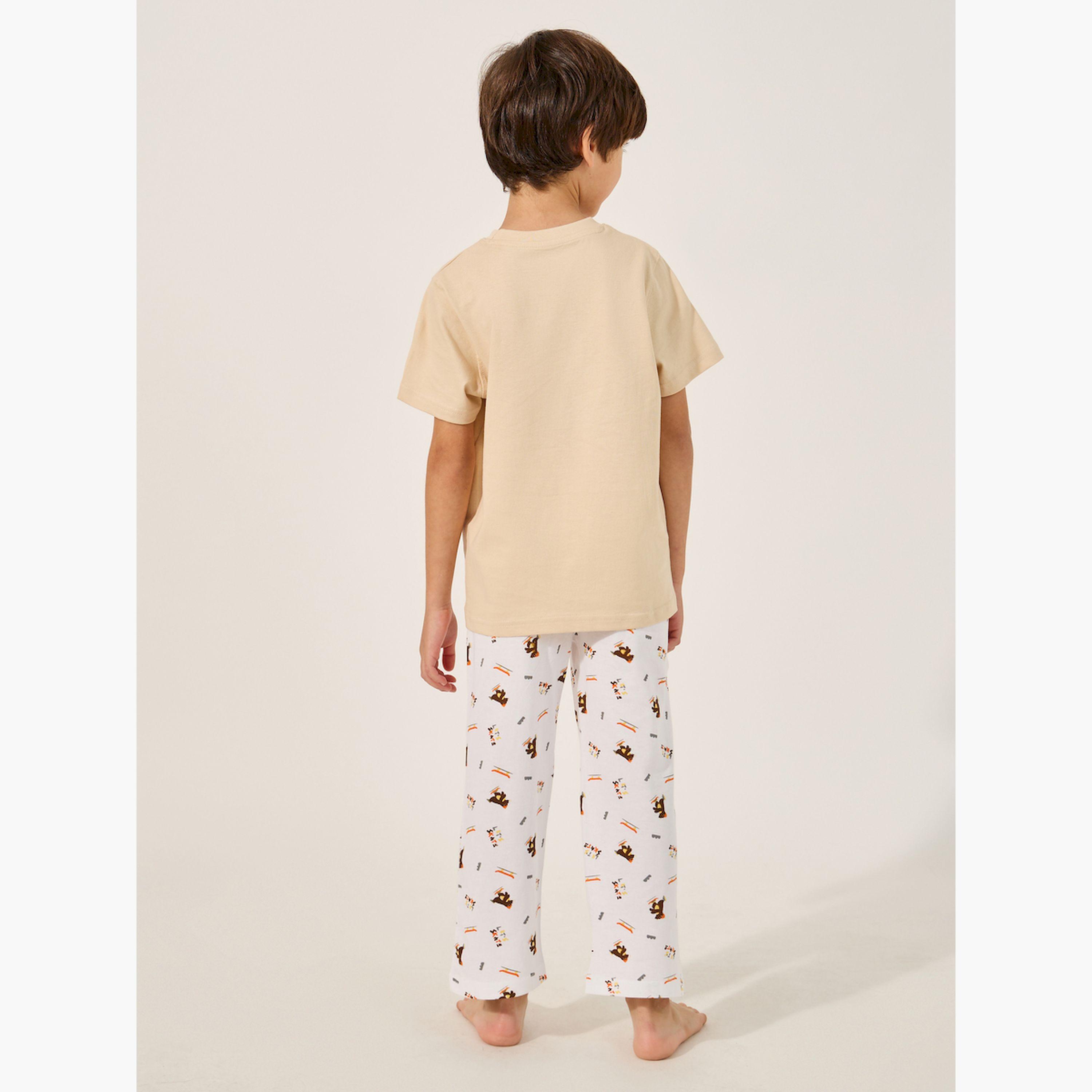 Styli Printed Round Neck T-Shirt and Pyjama Set-boys-clothing-nightwear-image-5
