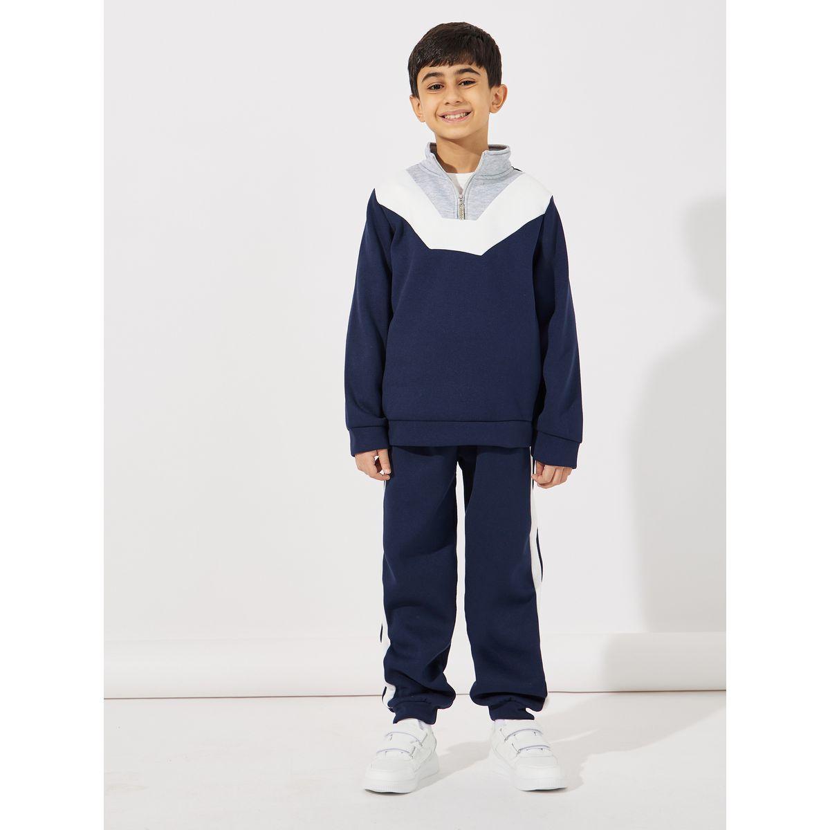 Styli Color Block Zip Neck Sweatshirt & Piping Joggers Set-boys-clothing-setsandcoords-image-1