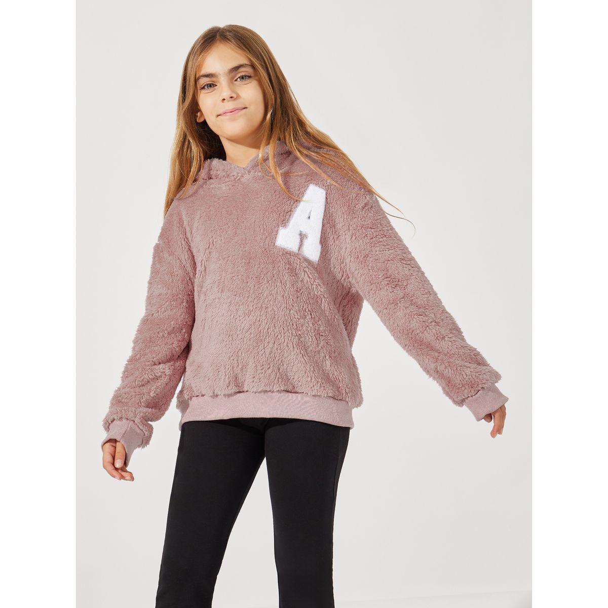 Styli Letter Patch Detail Faux Fur Hoodie-girls-clothing-sweatshirts-image-1