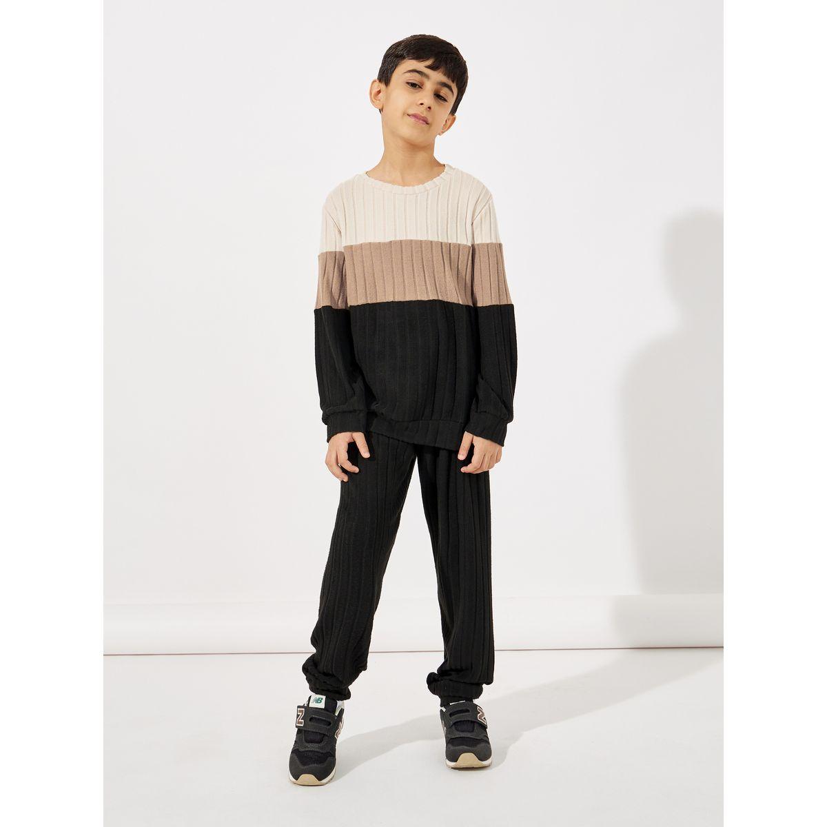 Styli Color Block Rib Knit Patch Detail Sweatshirt & Joggers Set-boys-clothing-setsandcoords-image-1
