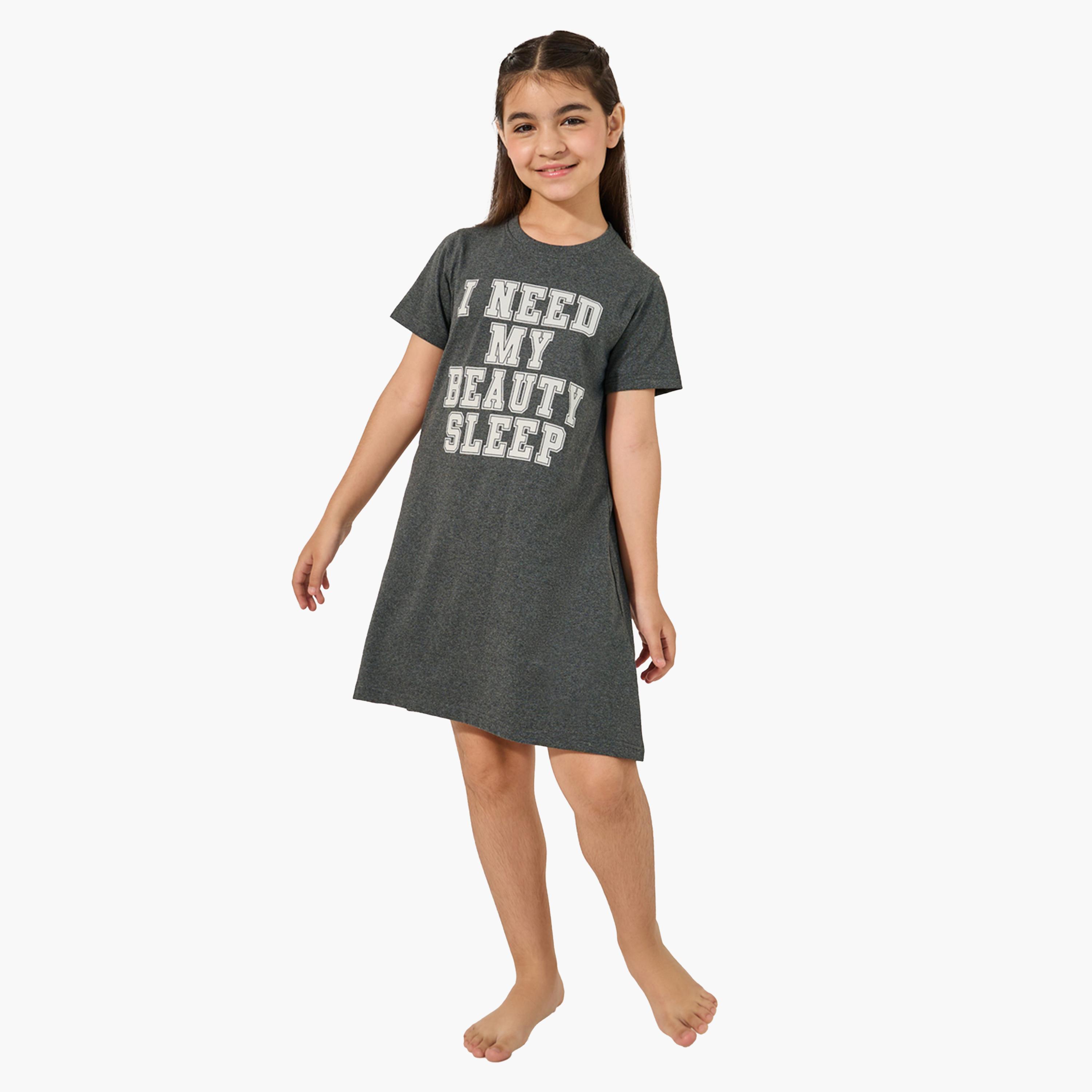 Styli Slogan Print Short Sleeve Nightdress-girls-clothing-nightwear-image-1