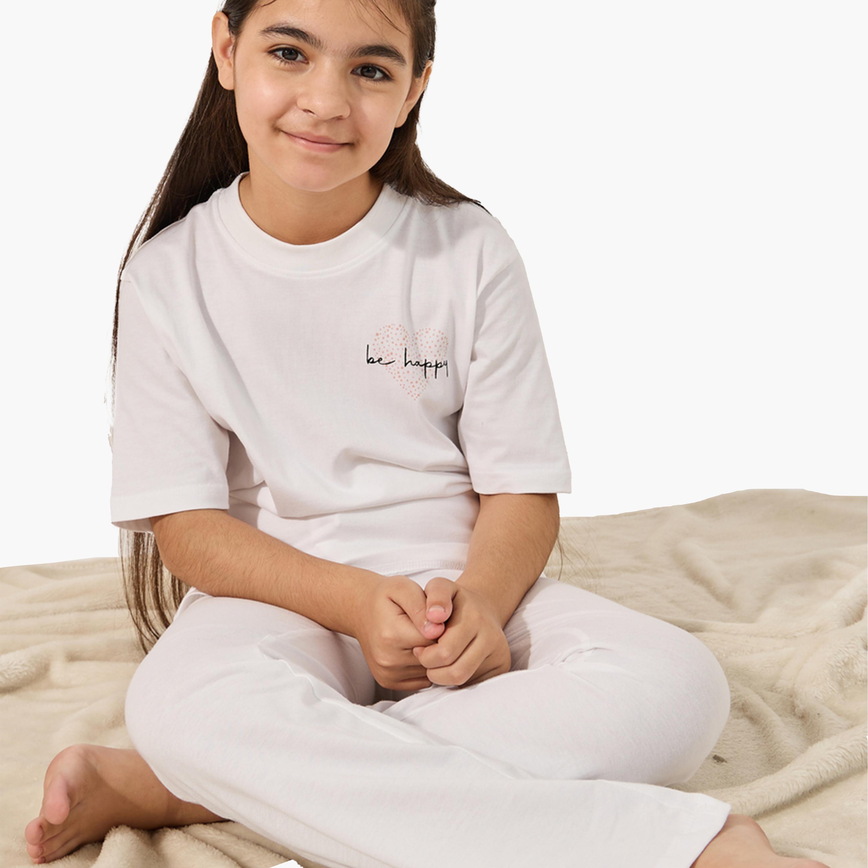 Styli Typography Print T-Shirt and Drawstring Pyjama Set-girls-clothing-nightwear-image-2