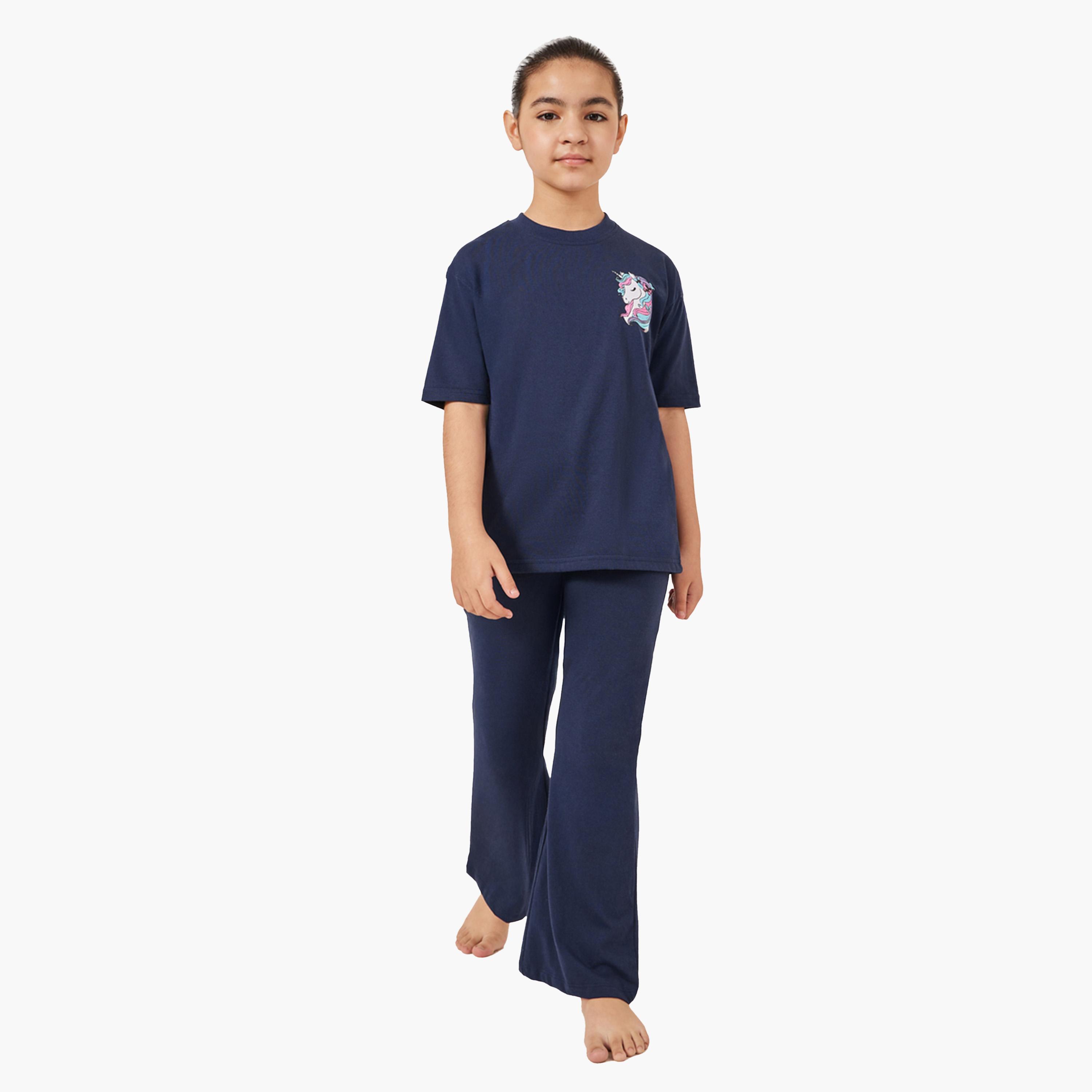 Styli Printed Round Neck T-Shirt and Pyjama Set-girls-clothing-nightwear-image-1
