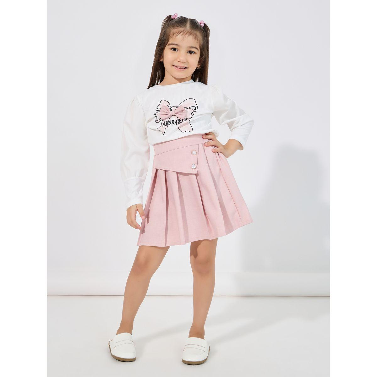 Styli Bow Applique Top & Asymmetric Waist Pleated Skirt Set-girls-clothing-setsandcoords-image-1